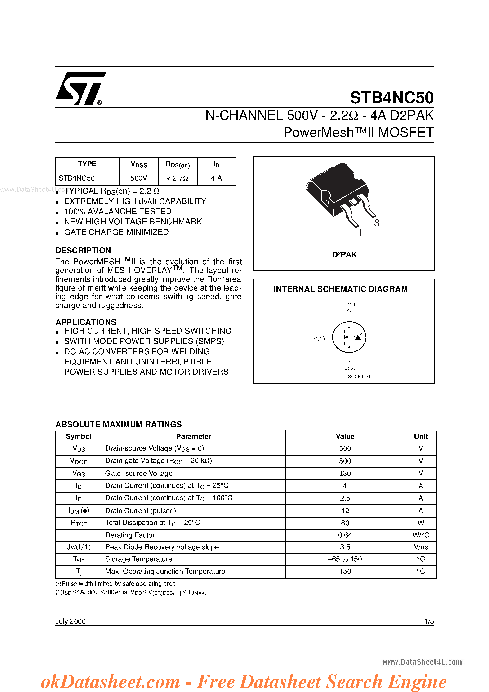 Datasheet STB4NC50 - N-CHANNEL MOSFET page 1