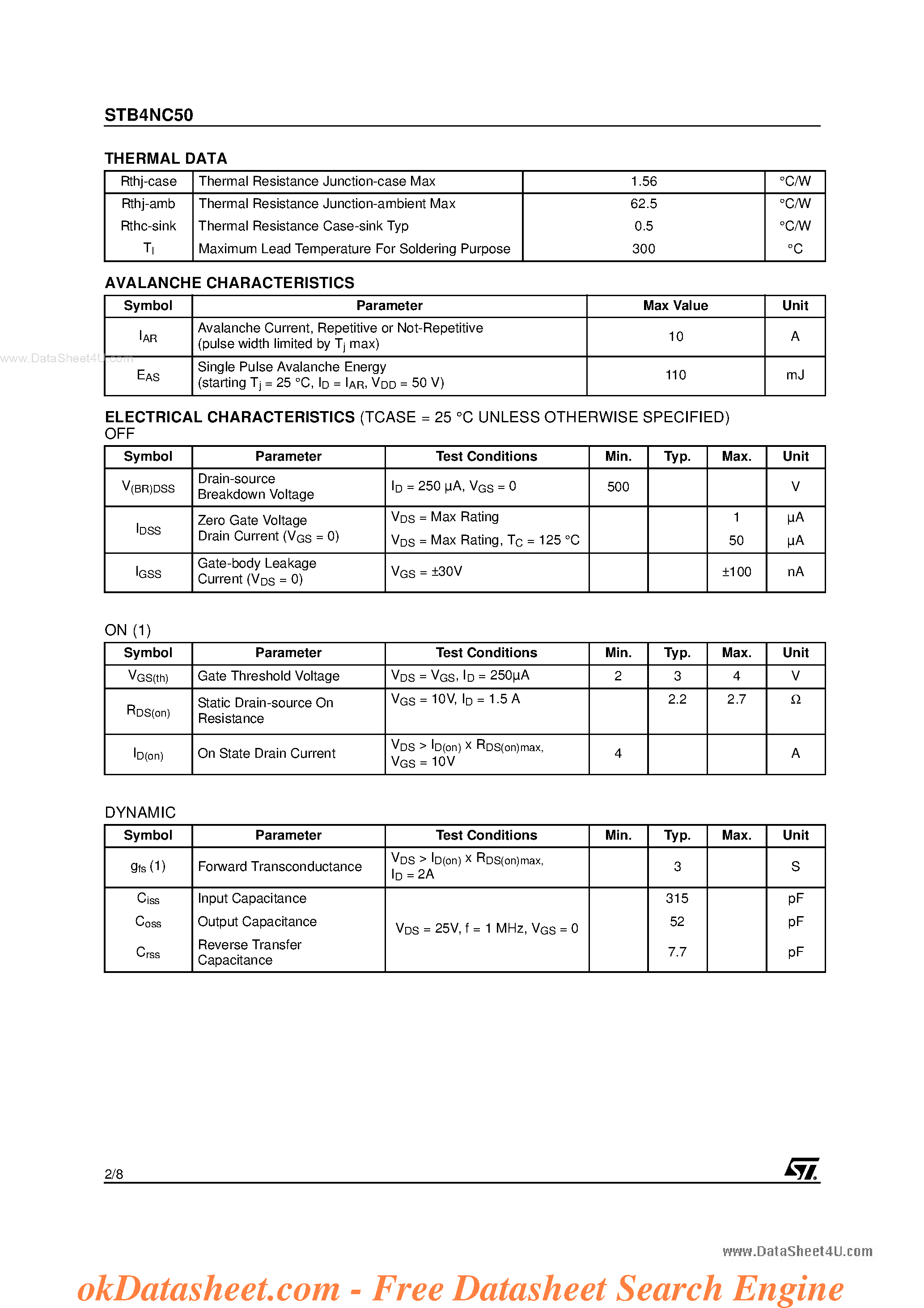 Datasheet STB4NC50 - N-CHANNEL MOSFET page 2