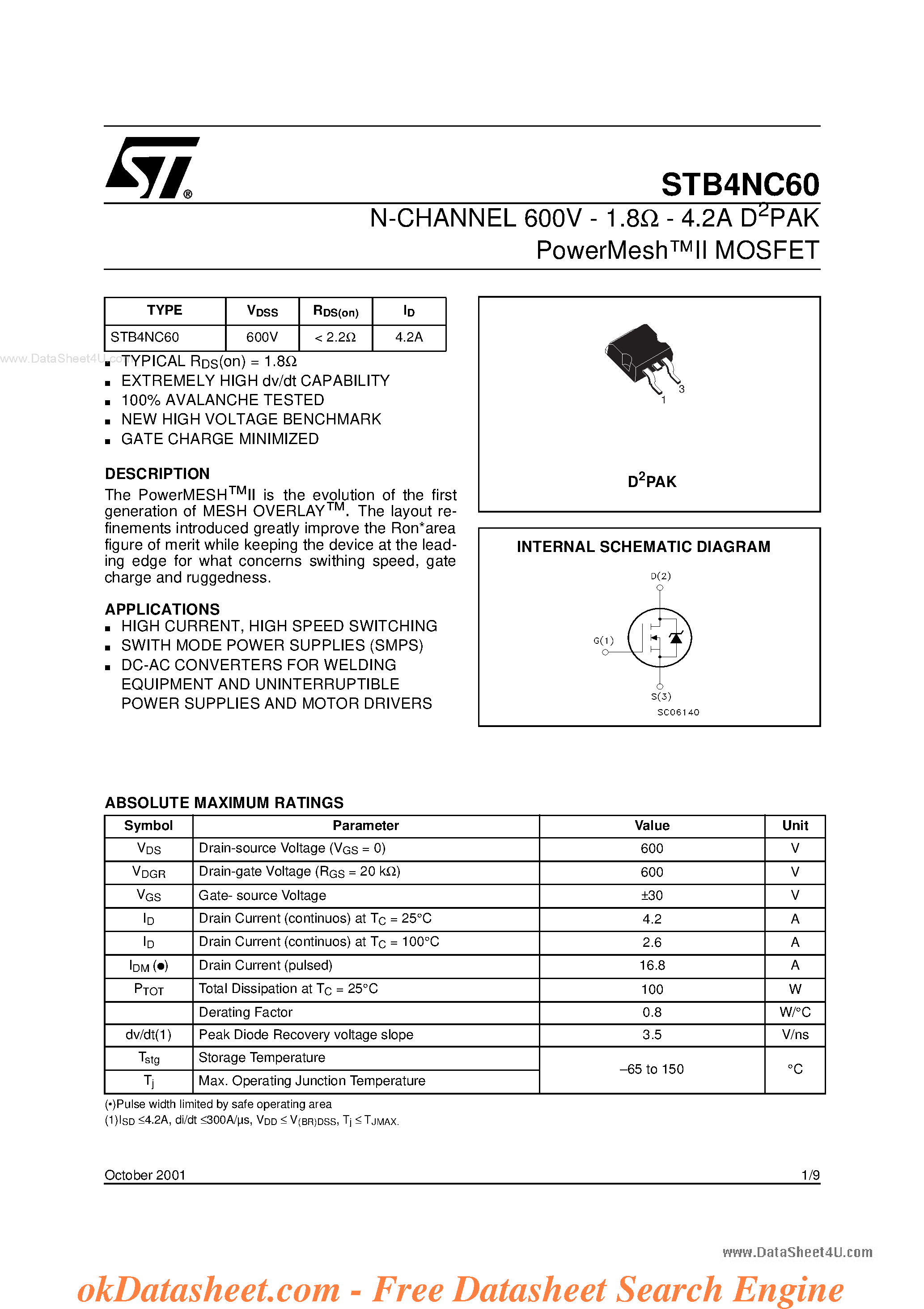 Datasheet STB4NC60 - N-CHANNEL MOSFET page 1
