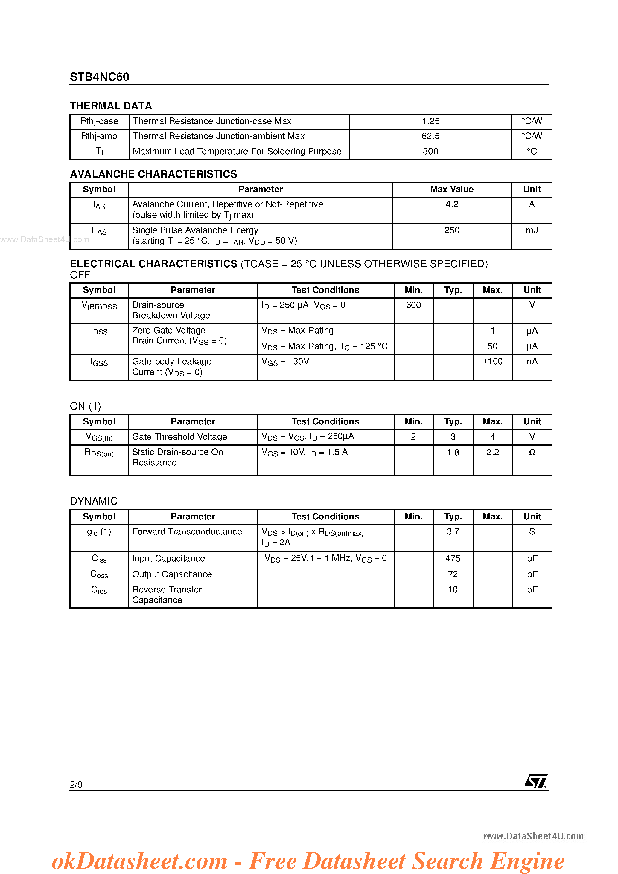 Datasheet STB4NC60 - N-CHANNEL MOSFET page 2