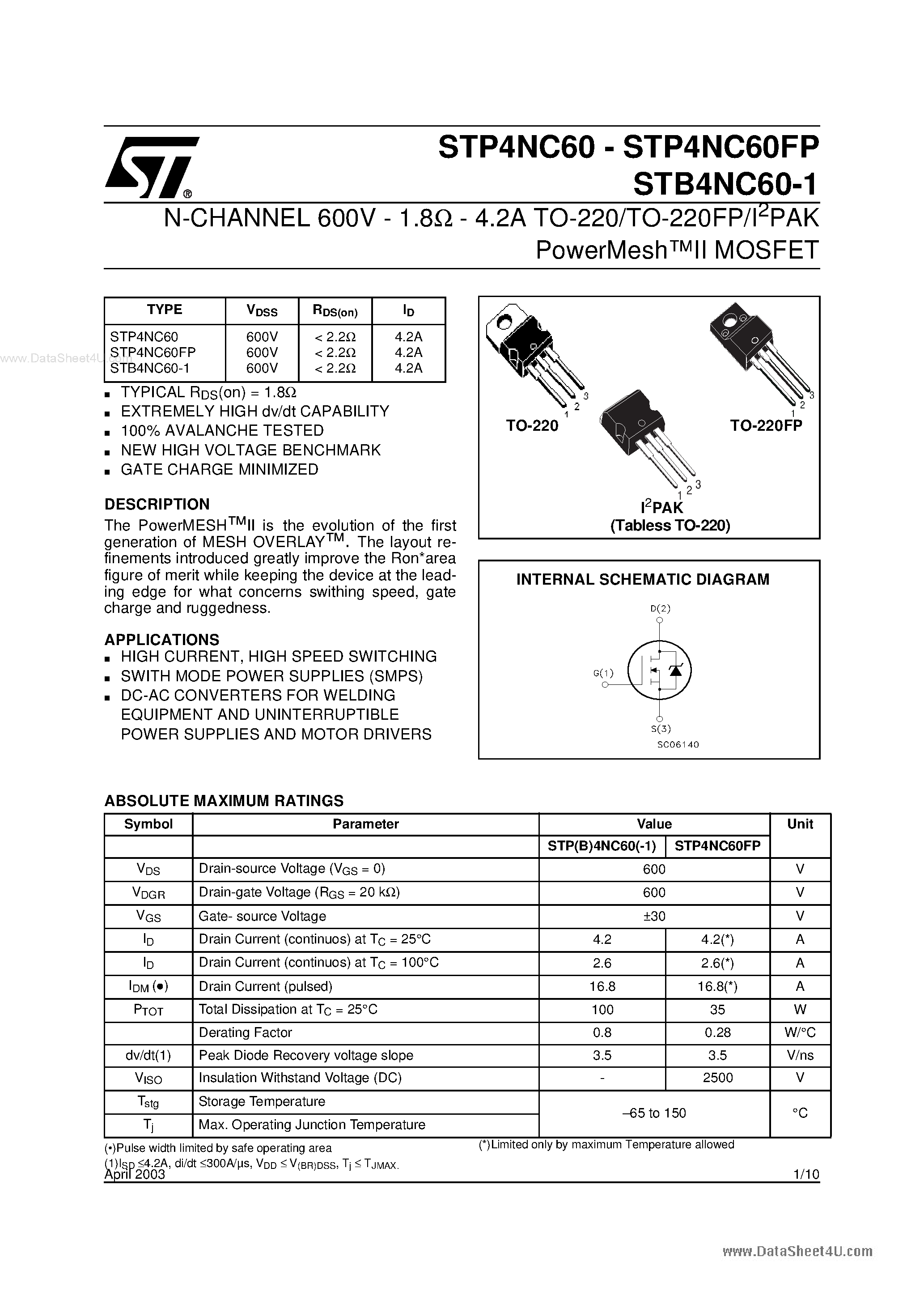 Datasheet STB4NC60-1 - N-CHANNEL MOSFET page 1