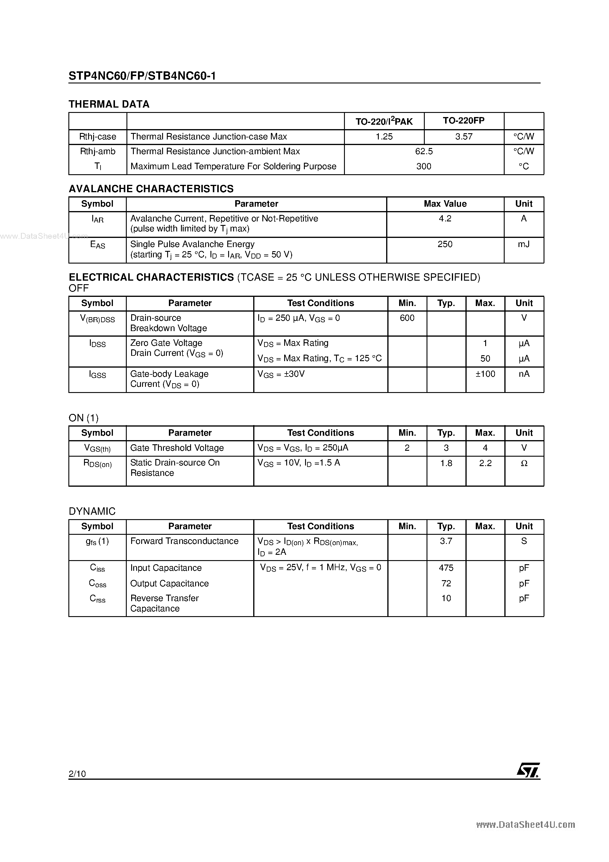 Datasheet STB4NC60-1 - N-CHANNEL MOSFET page 2