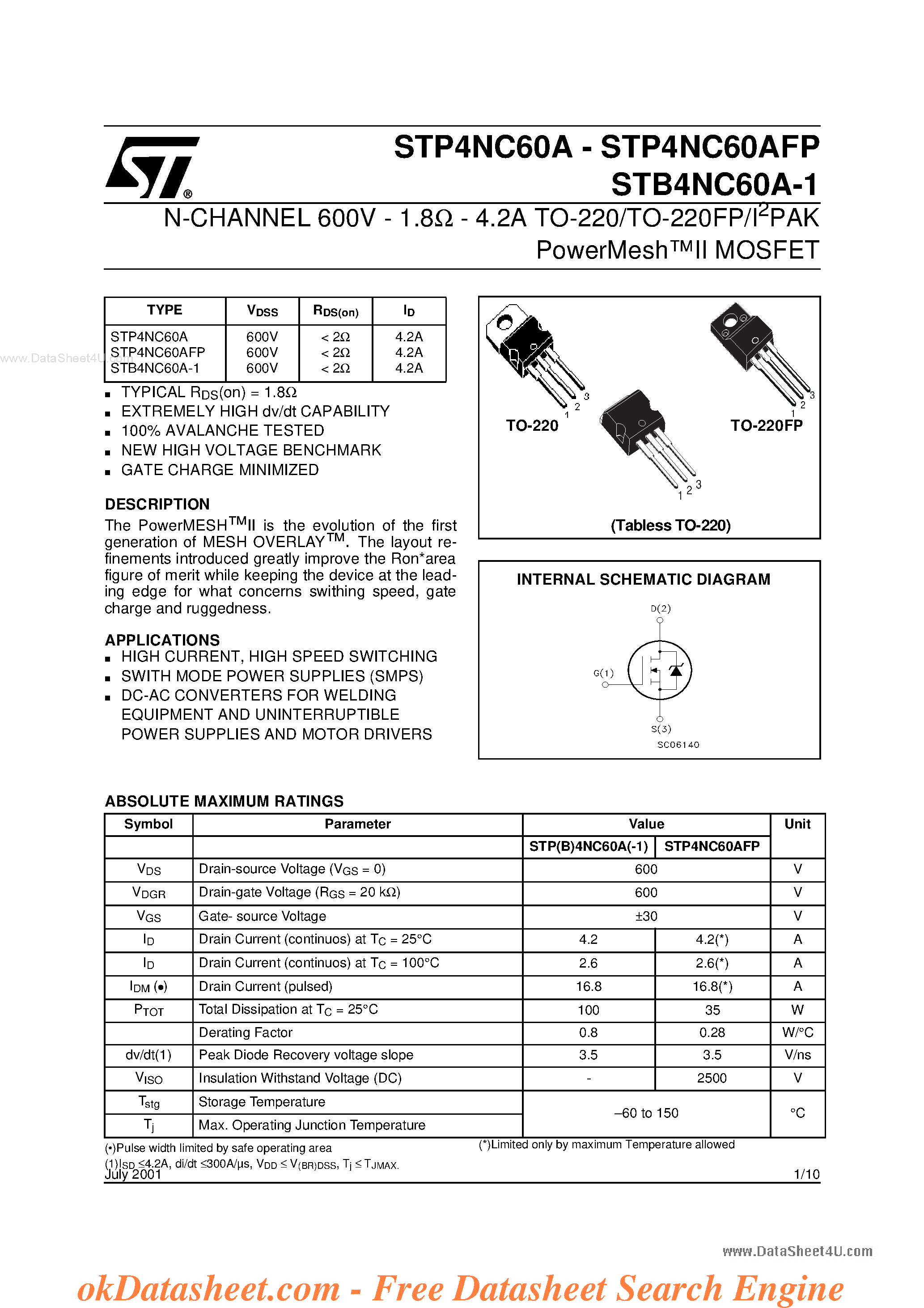 Datasheet STB4NC60A-1 - N-CHANNEL MOSFET page 1