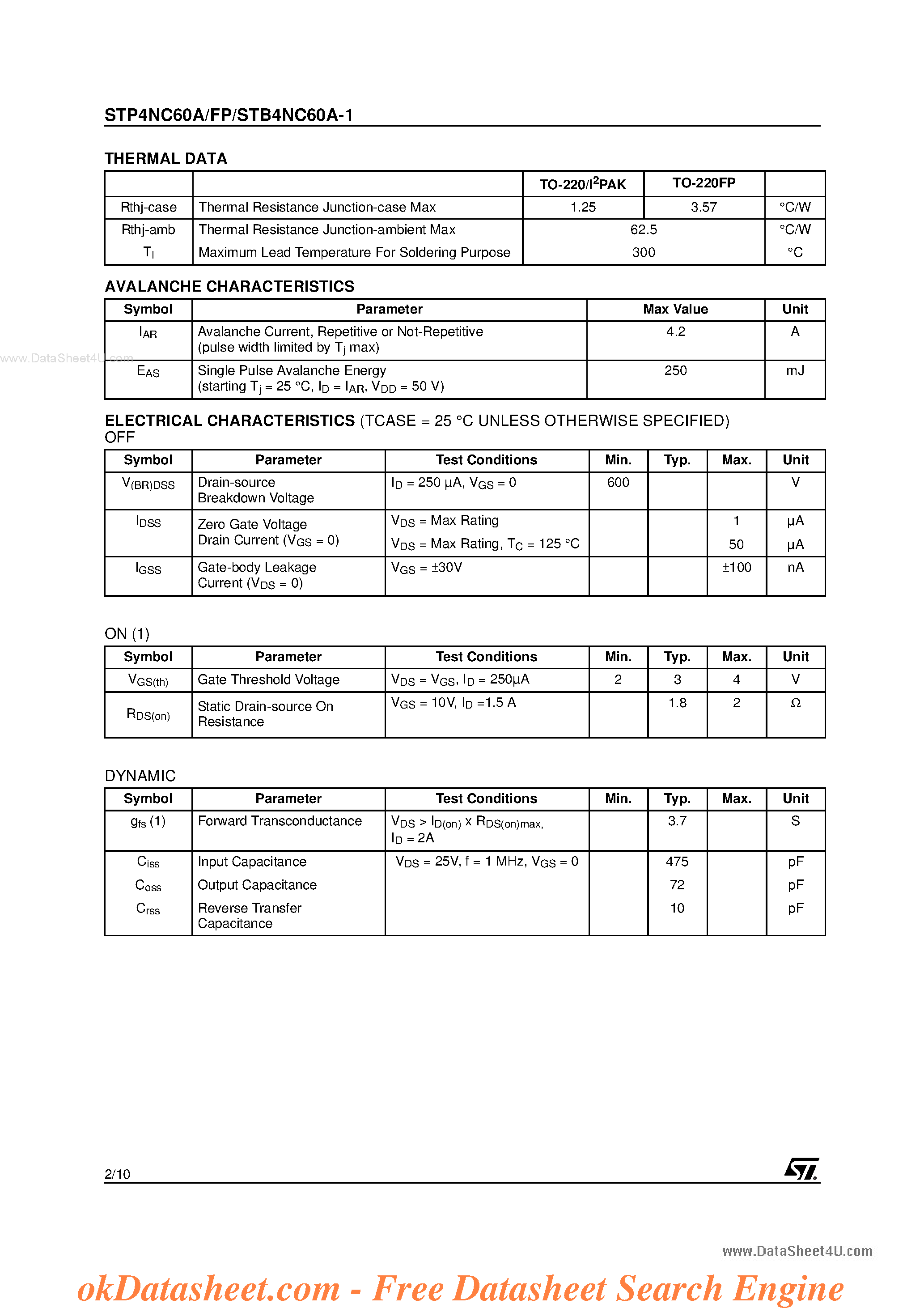 Datasheet STP4NC60A page 2 Datasheet STP4NC60A - N-CHANNEL MOSFET page 2