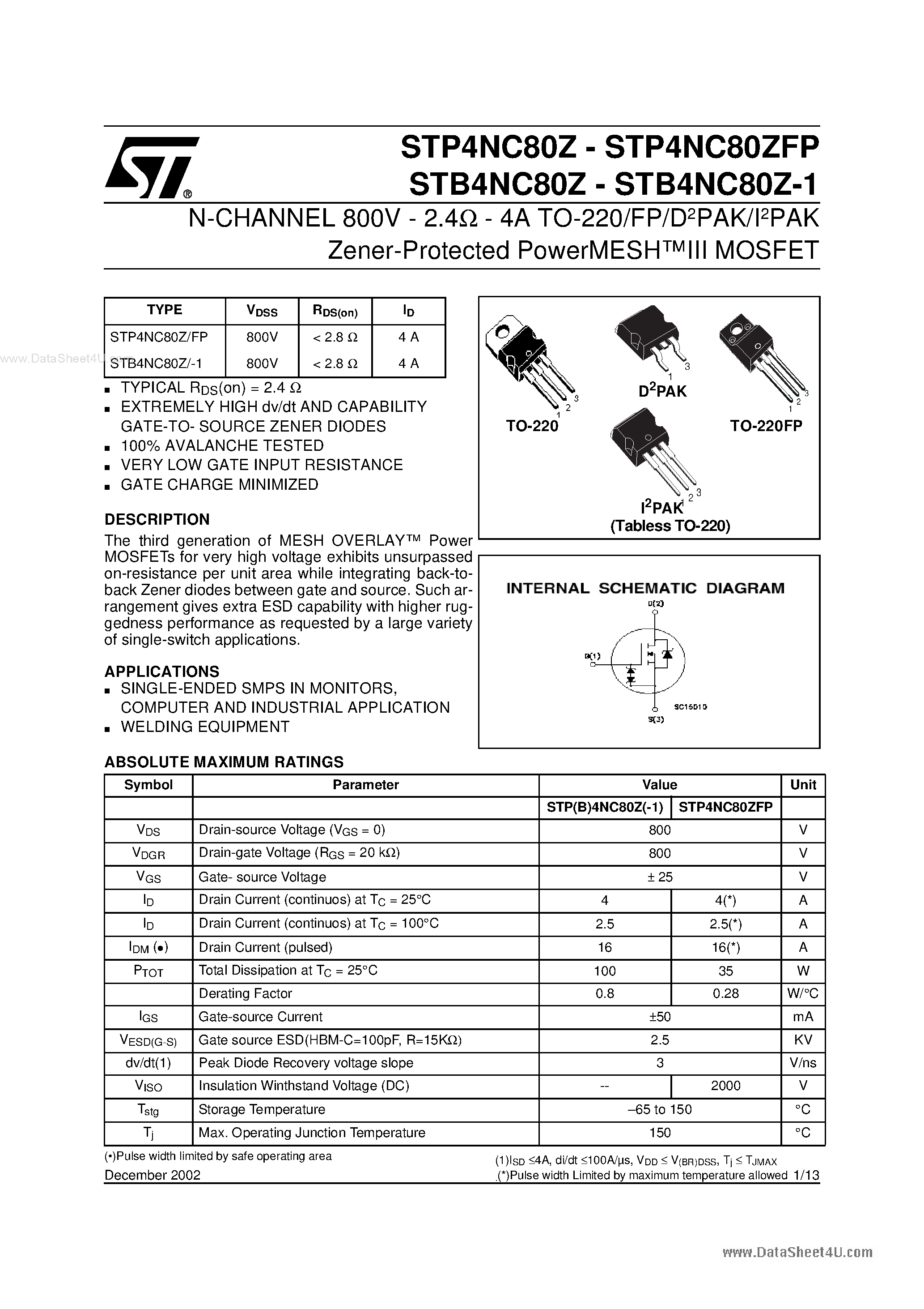 Datasheet STP4NC80Z page 1 Datasheet STP4NC80Z - N-CHANNEL MOSFET page 1