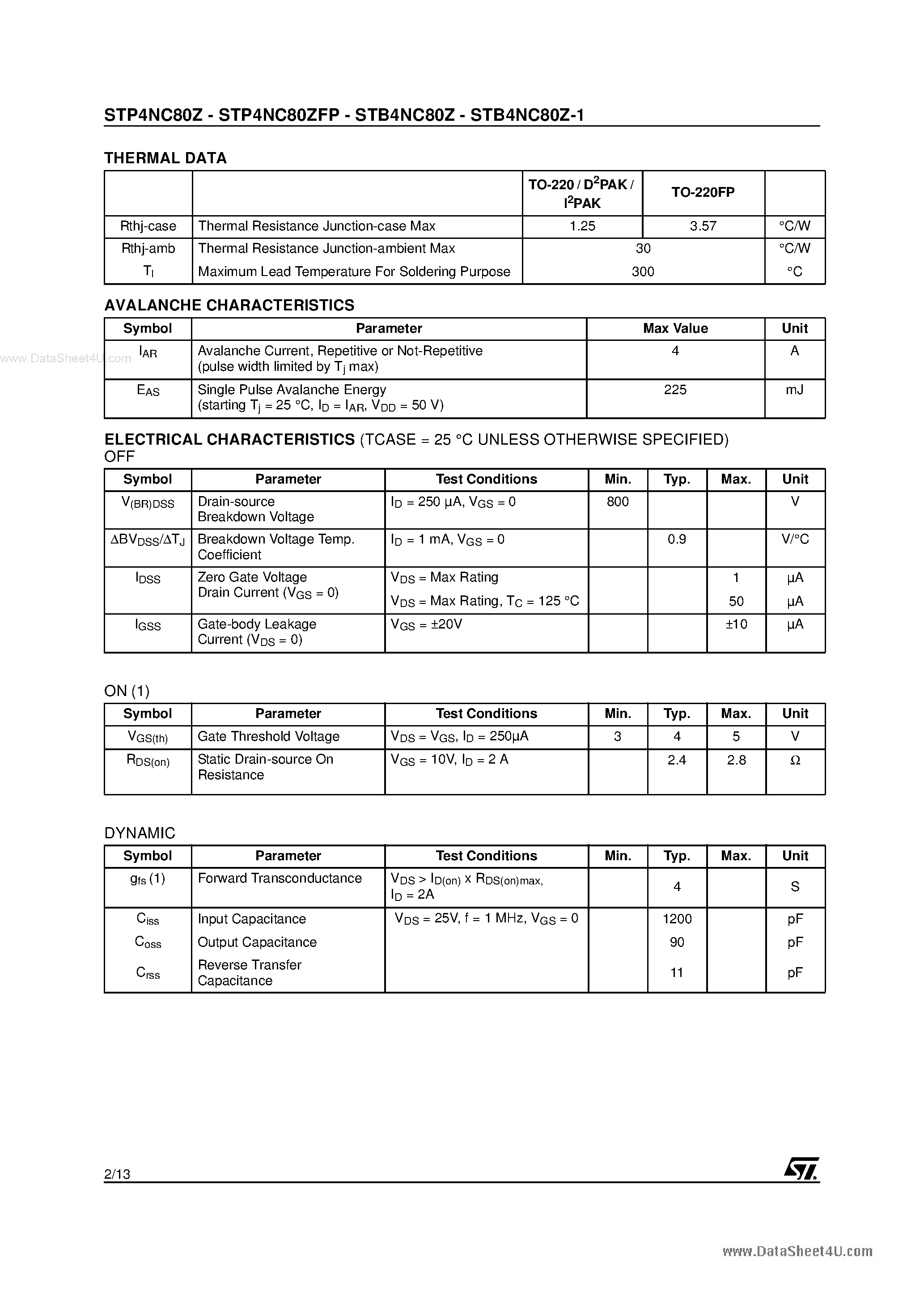 Datasheet STP4NC80Z page 2 Datasheet STP4NC80Z - N-CHANNEL MOSFET page 2