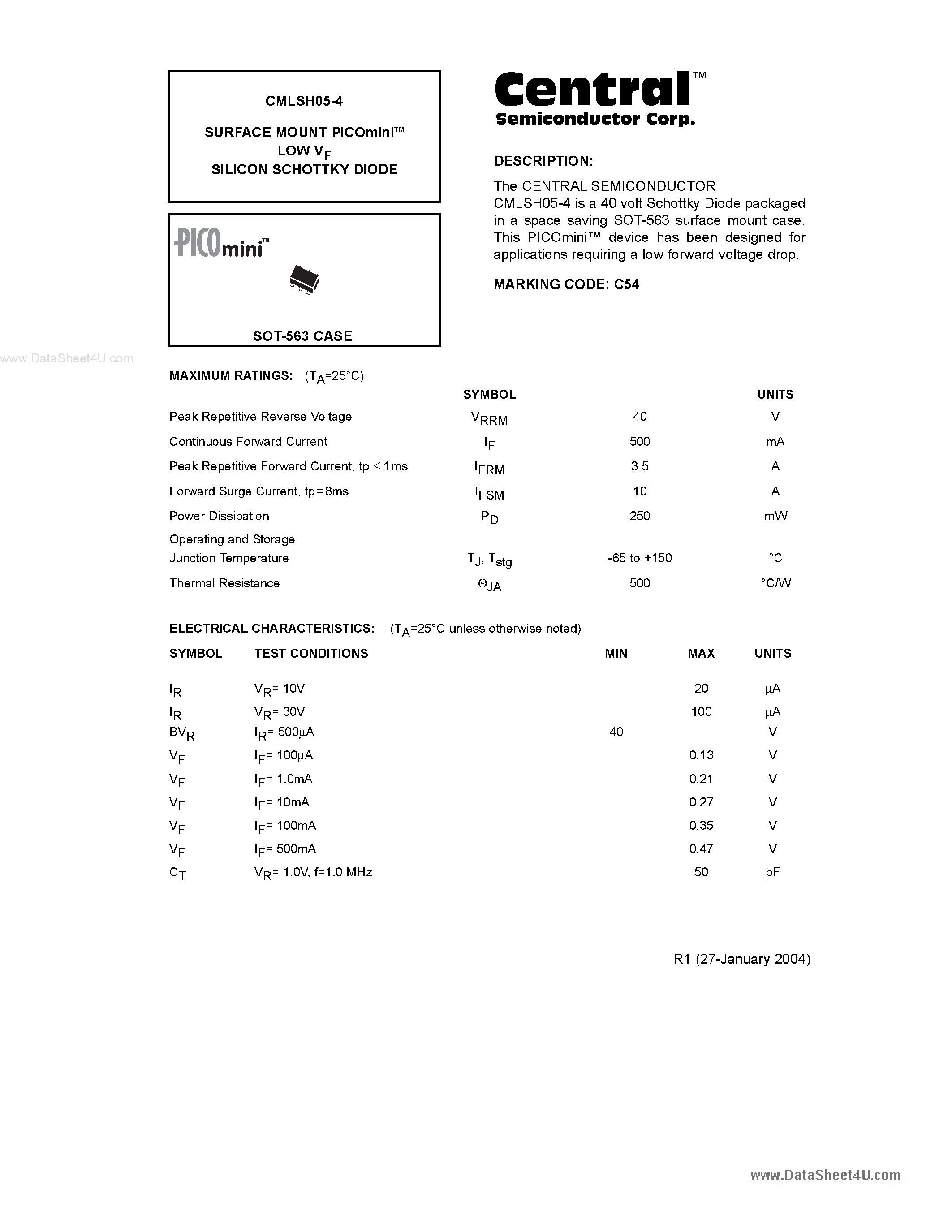 Datasheet CMLSH05-4 page 1 Datasheet CMLSH05-4 - SILICON SCHOTTKY DIODES page 1