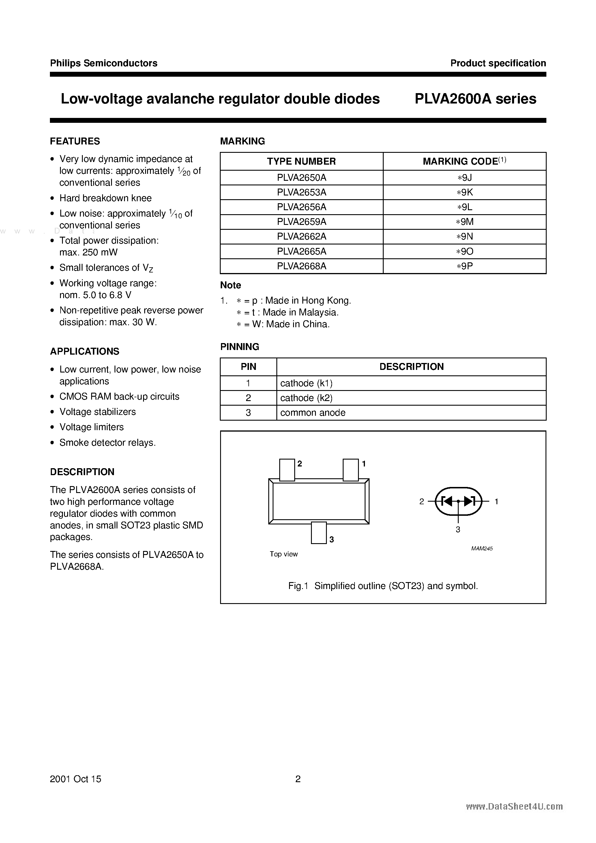 Даташит на микросхему PLVA2600A страница 2 Даташит PLVA2600A - Low-voltage Avalanche Regulator Double Diodes страница 2