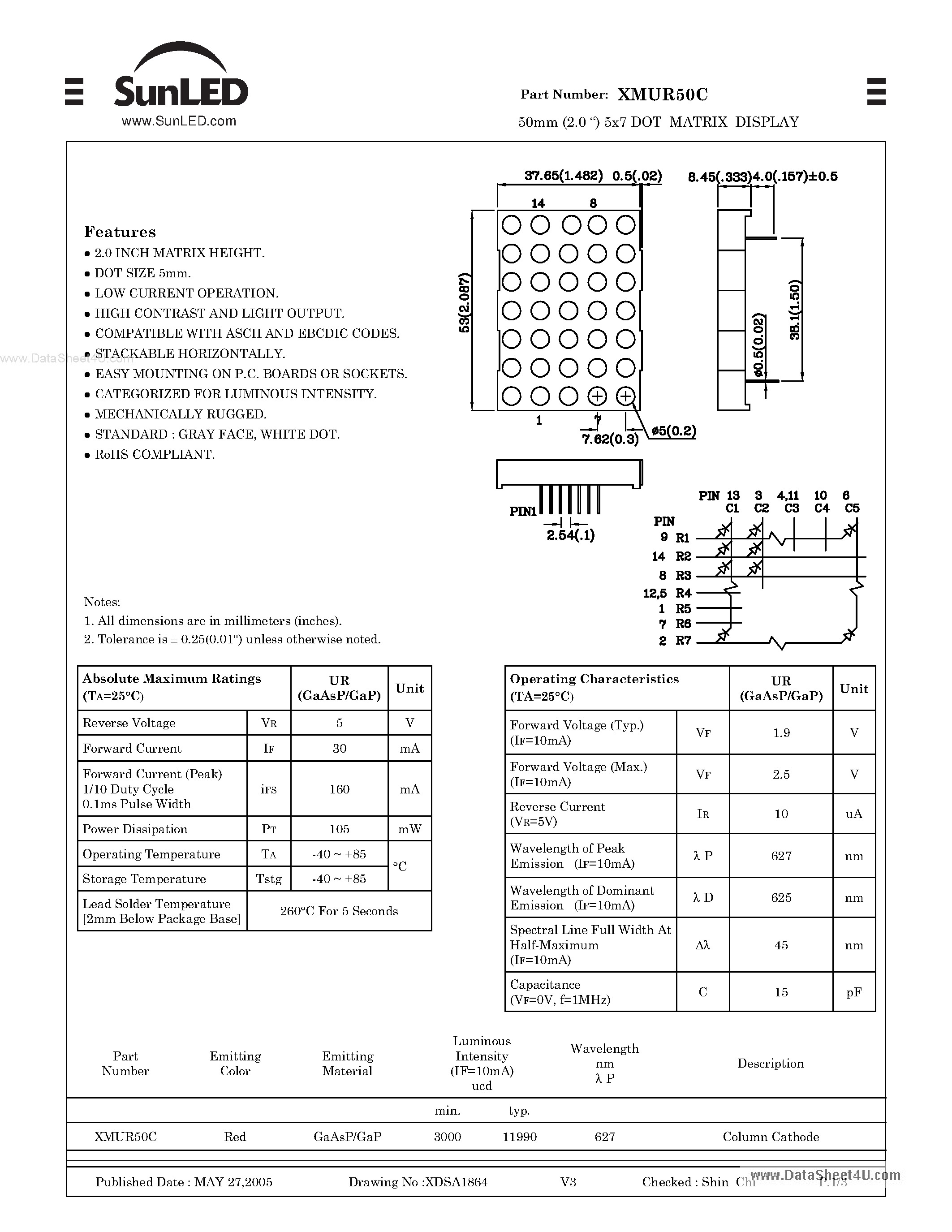 Datasheet XMUR50C - 50mm (2.0) 5x7 DOT MATRIX DISPLAY page 1