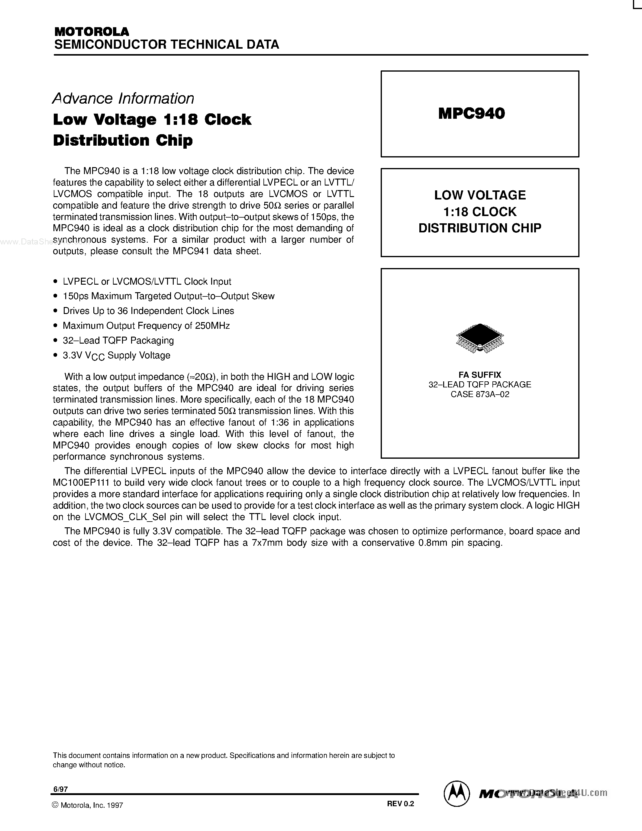 Datasheet MPC940 - LOW VOLTAGE 1:18 CLOCK DISTRIBUTION CHIP page 1