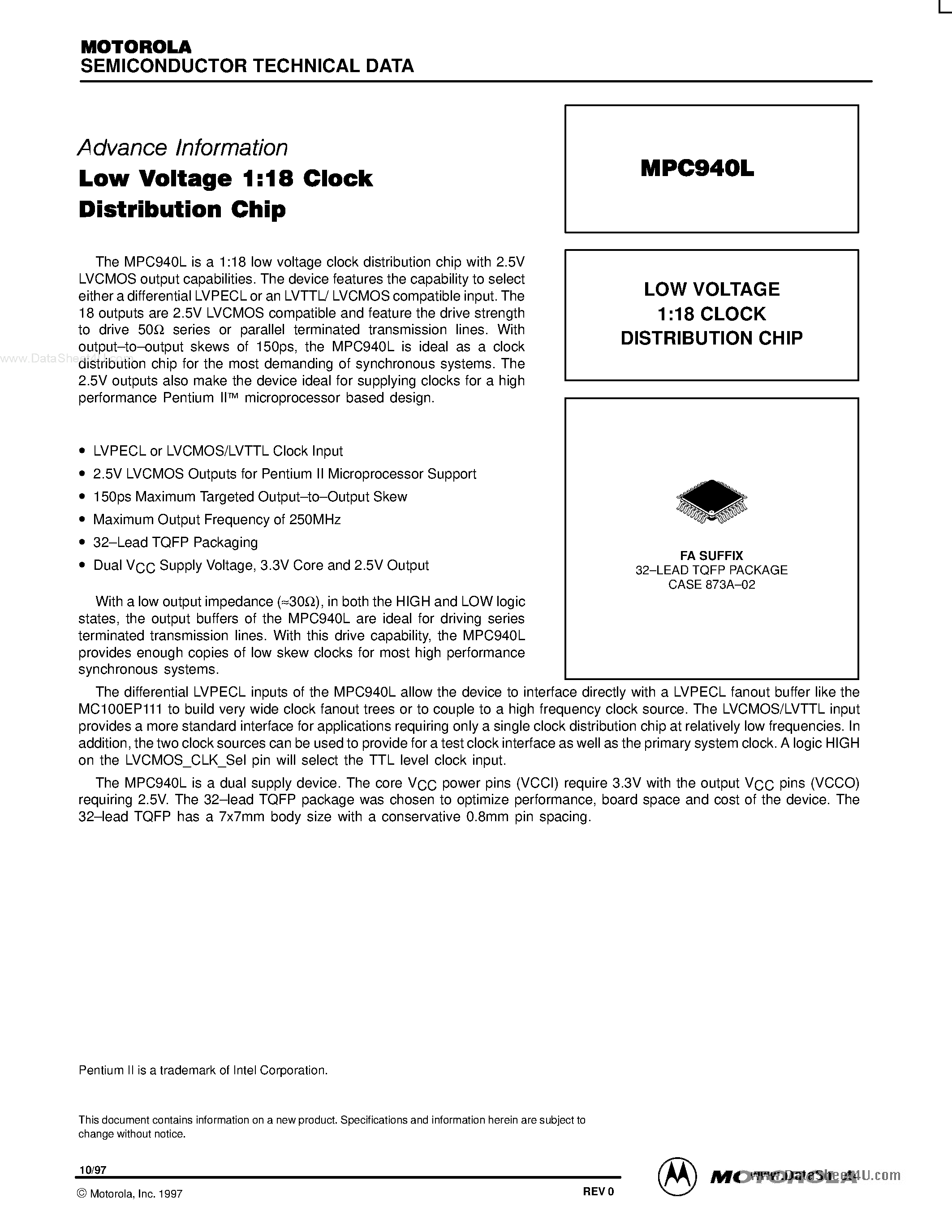 Datasheet MPC940L - LOW VOLTAGE 1:18 CLOCK DISTRIBUTION CHIP page 1