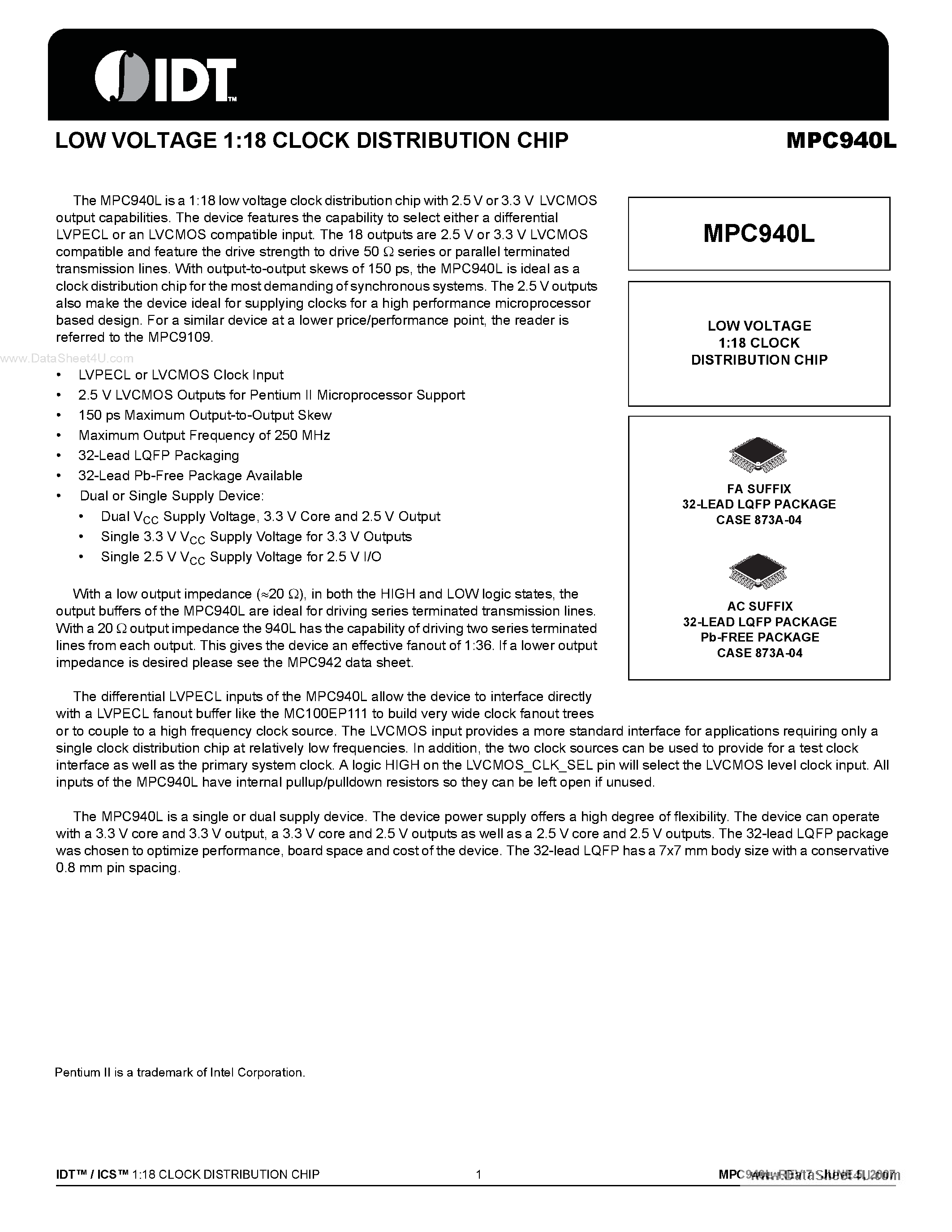 Datasheet MPC940L - LOW VOLTAGE 1:18 CLOCK DISTRIBUTION CHIP page 1