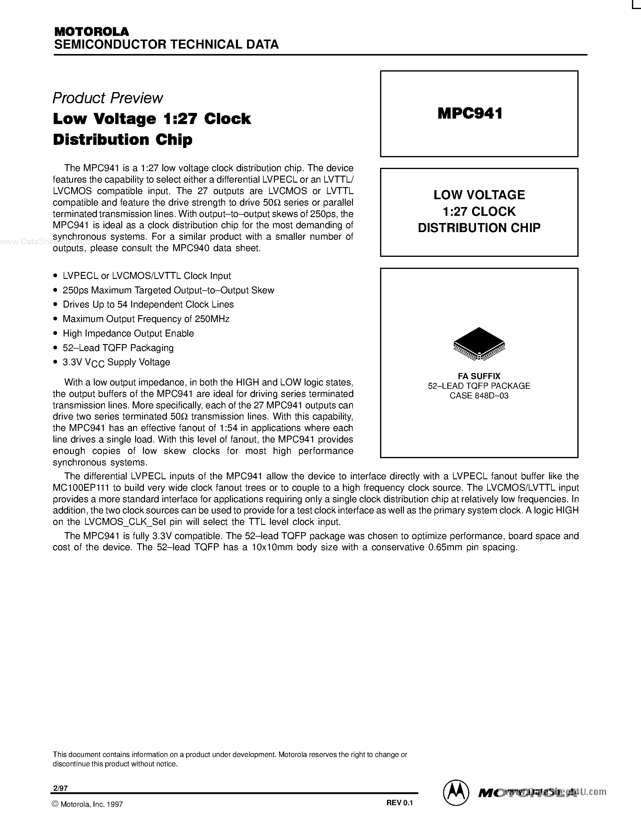 Datasheet MPC941 - LOW VOLTAGE 1:27 CLOCK DISTRIBUTION CHIP page 1