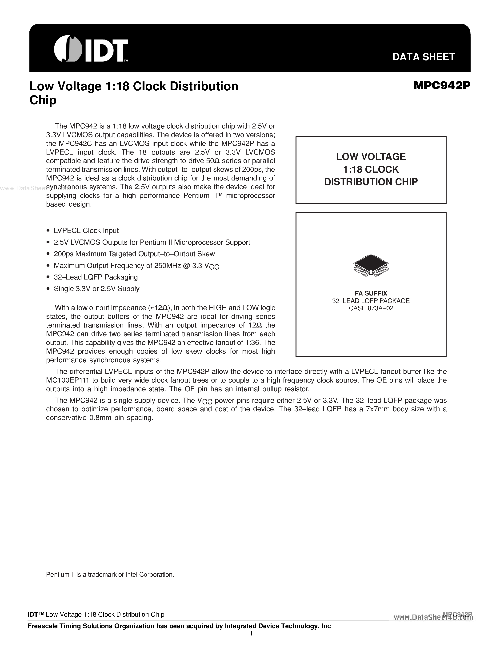 Datasheet MPC942P - Low Voltage 1:18 Clock Distribution Chip page 1