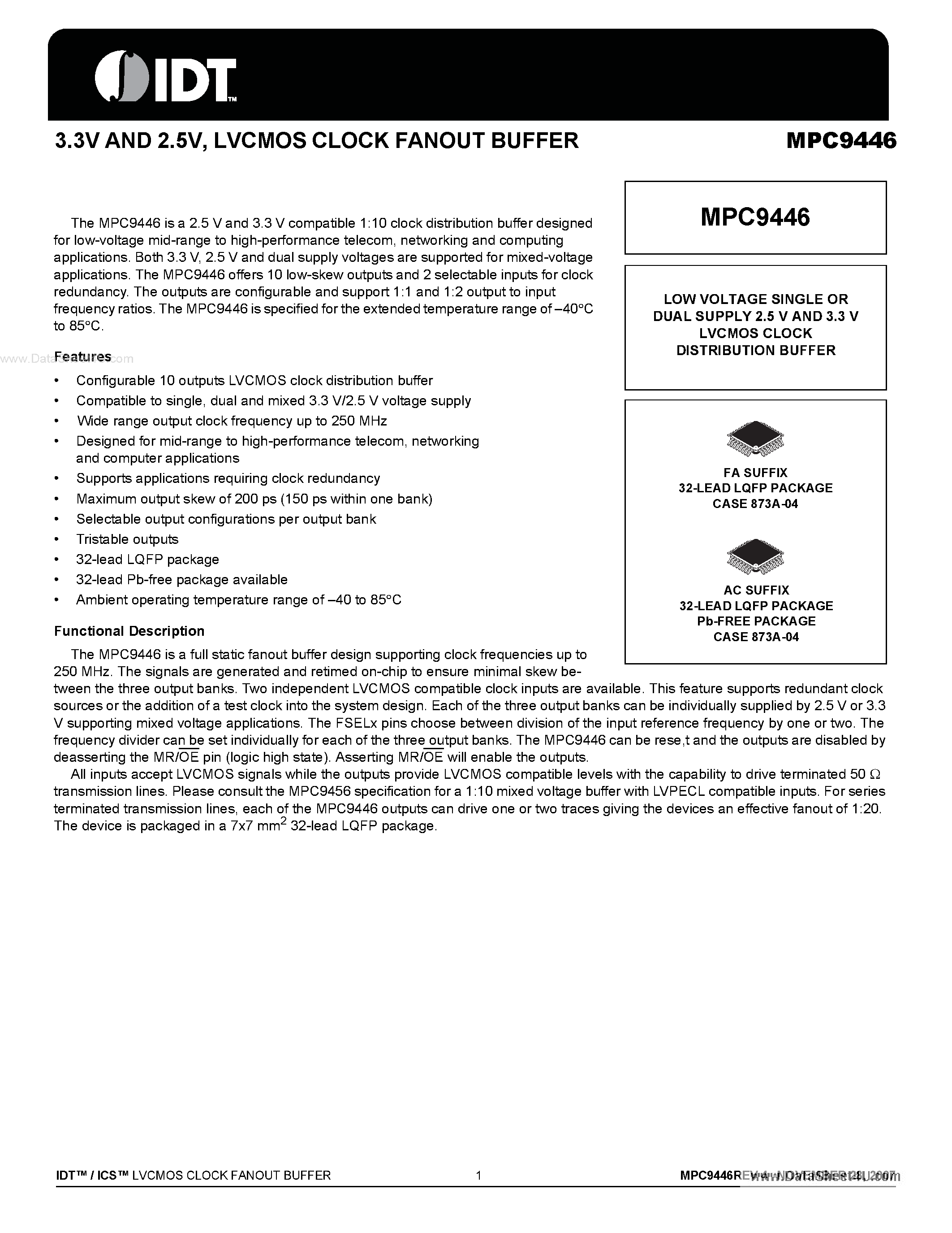 Datasheet MPC9446 - LVCMOS CLOCK FANOUT BUFFER page 1