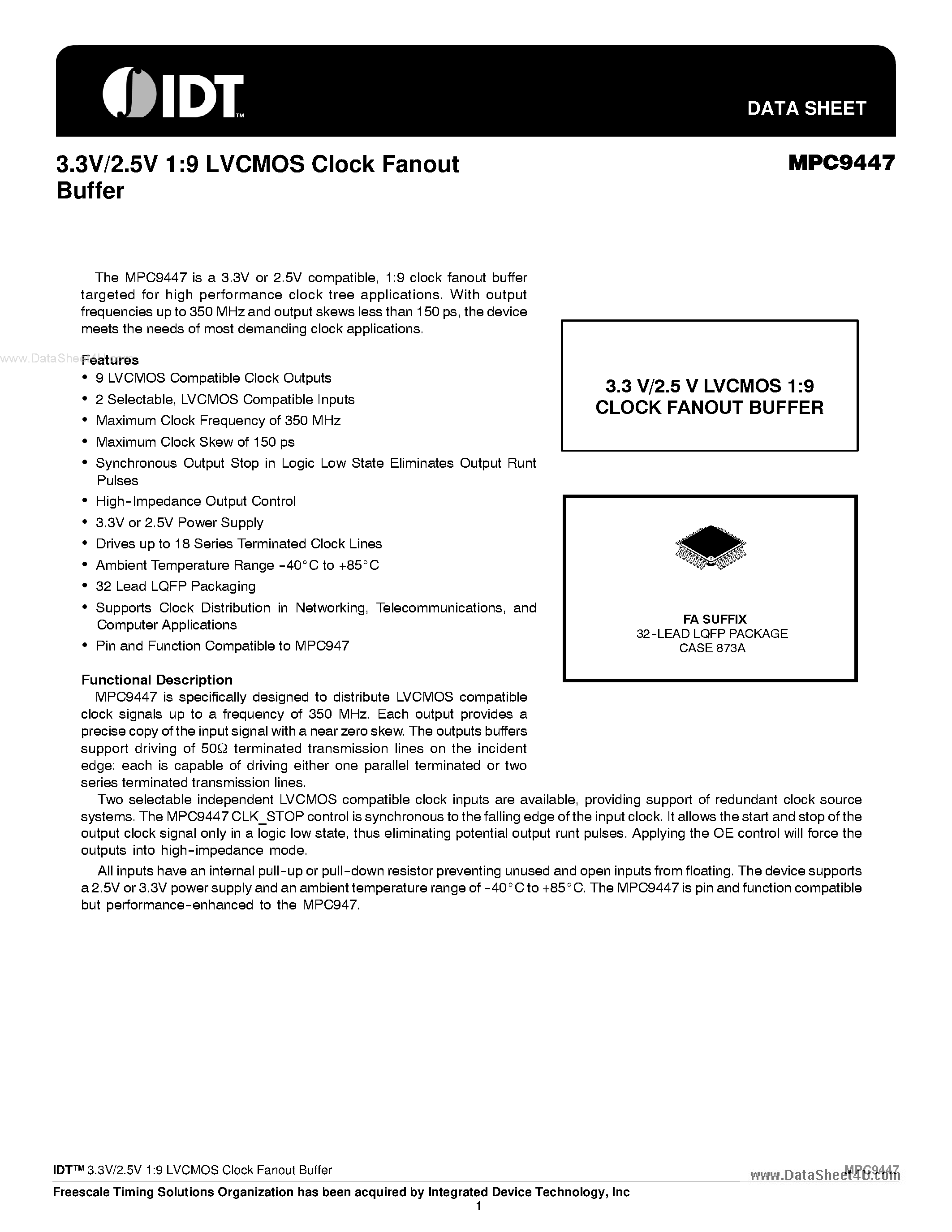 Datasheet MPC9447 - 3.3V/2.5V 1:9 LVCMOS Clock Fanout Buffer page 1
