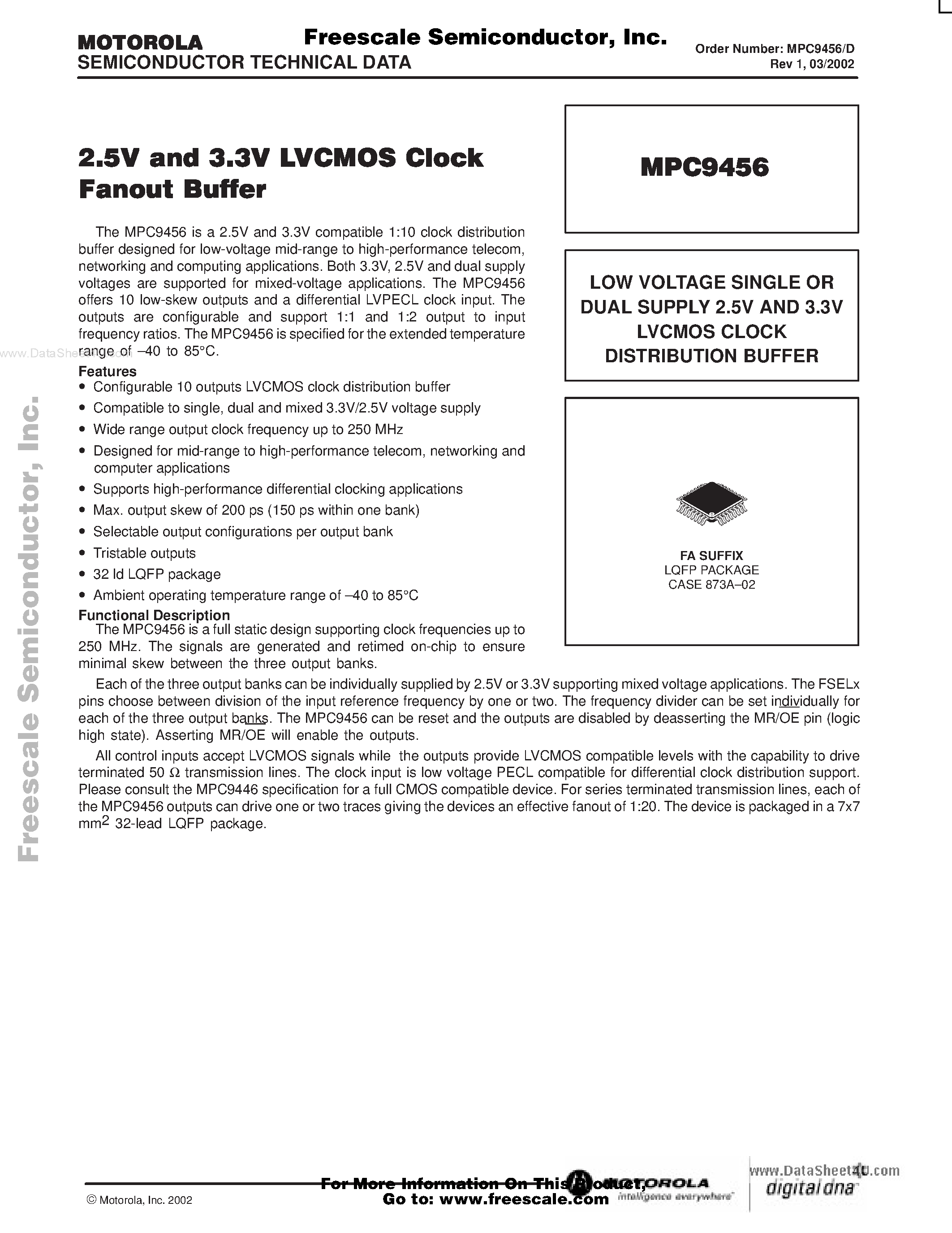 Datasheet MPC9456 - 2.5V AND 3.3V LVCMOS CLOCK FANOUT BUFFER page 1