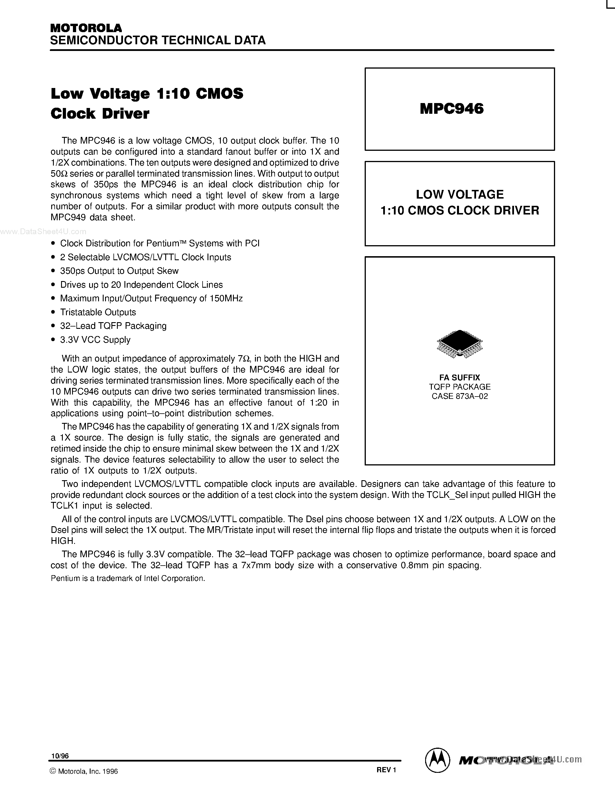 Datasheet MPC946 - LOW VOLTAGE 1:10 CMOS CLOCK DRIVER page 1