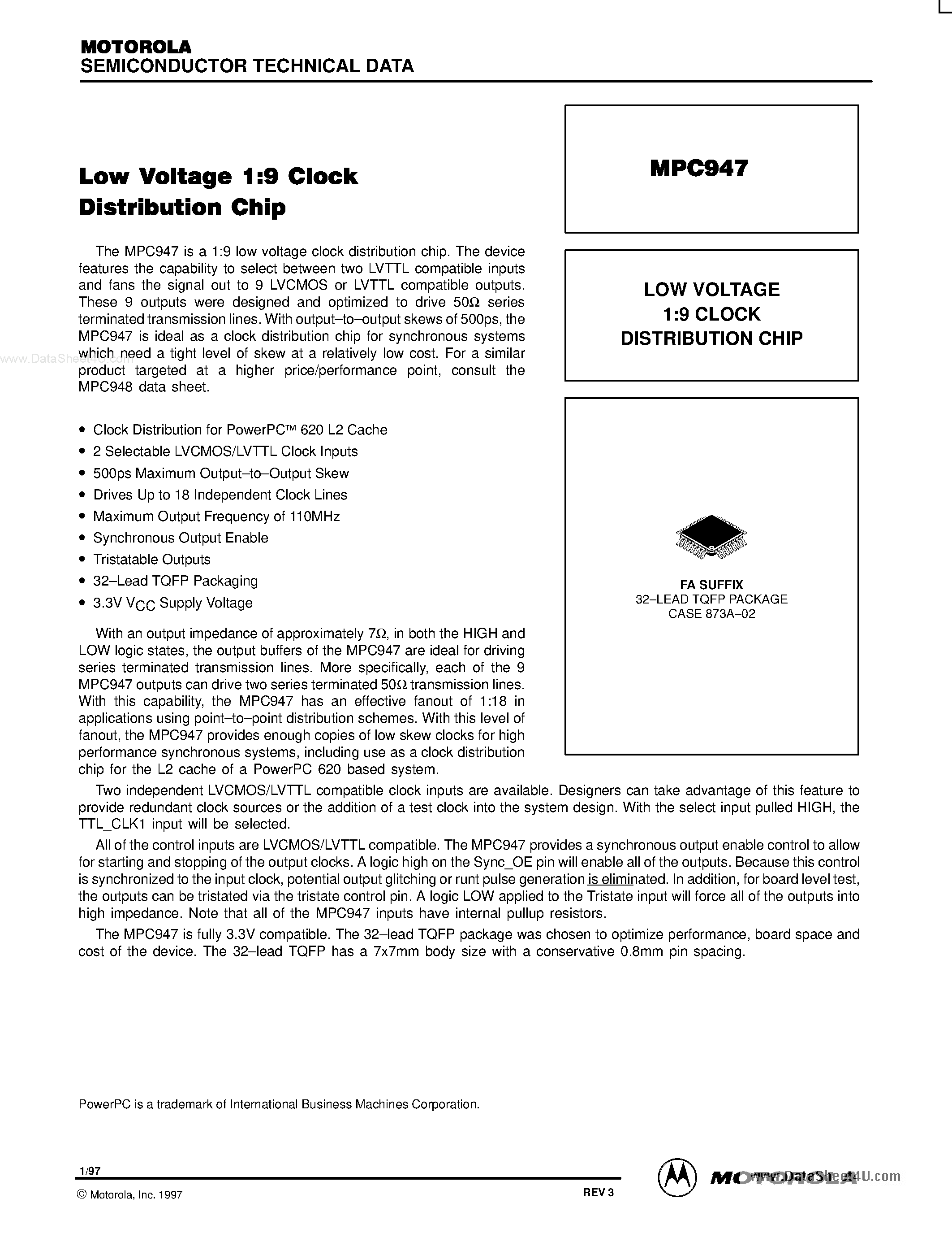 Datasheet MPC947 - LOW VOLTAGE 1:9 CLOCK DISTRIBUTION CHIP page 1