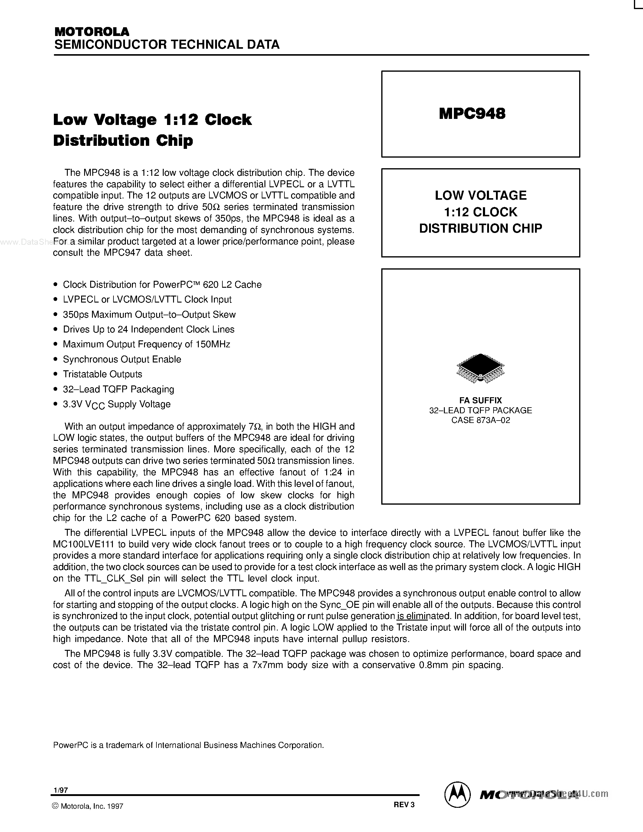 Datasheet MPC948 - LOW VOLTAGE 1:12 CLOCK DISTRIBUTION CHIP page 1