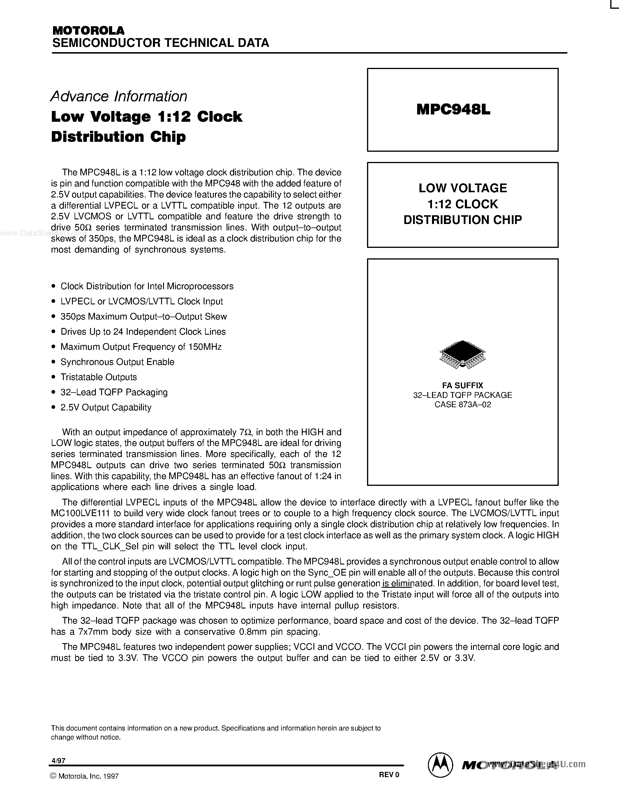 Datasheet MPC948L - LOW VOLTAGE 1:12 CLOCK DISTRIBUTION CHIP page 1