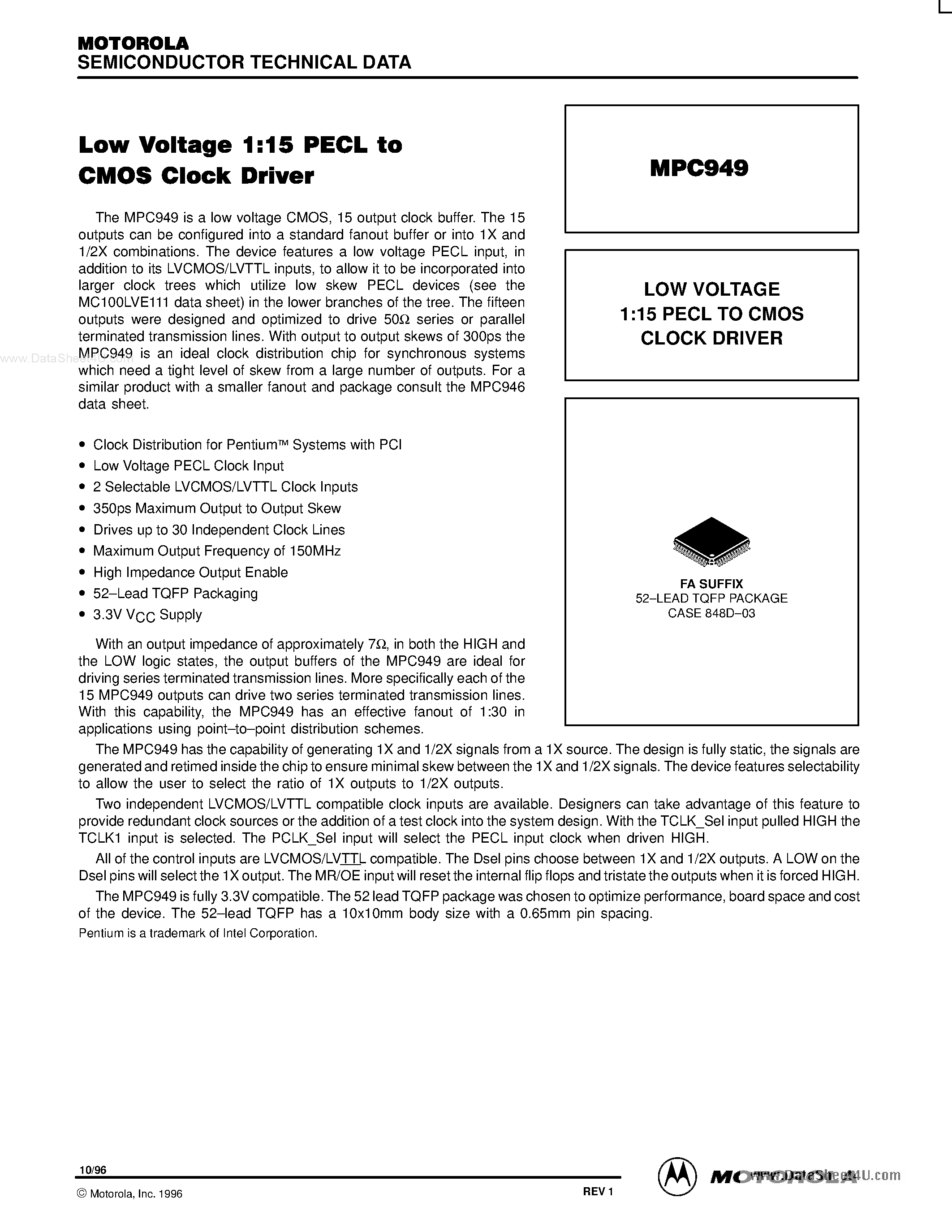 Datasheet MPC949 - LOW VOLTAGE 1:15 PECL TO CMOS CLOCK DRIVER page 1