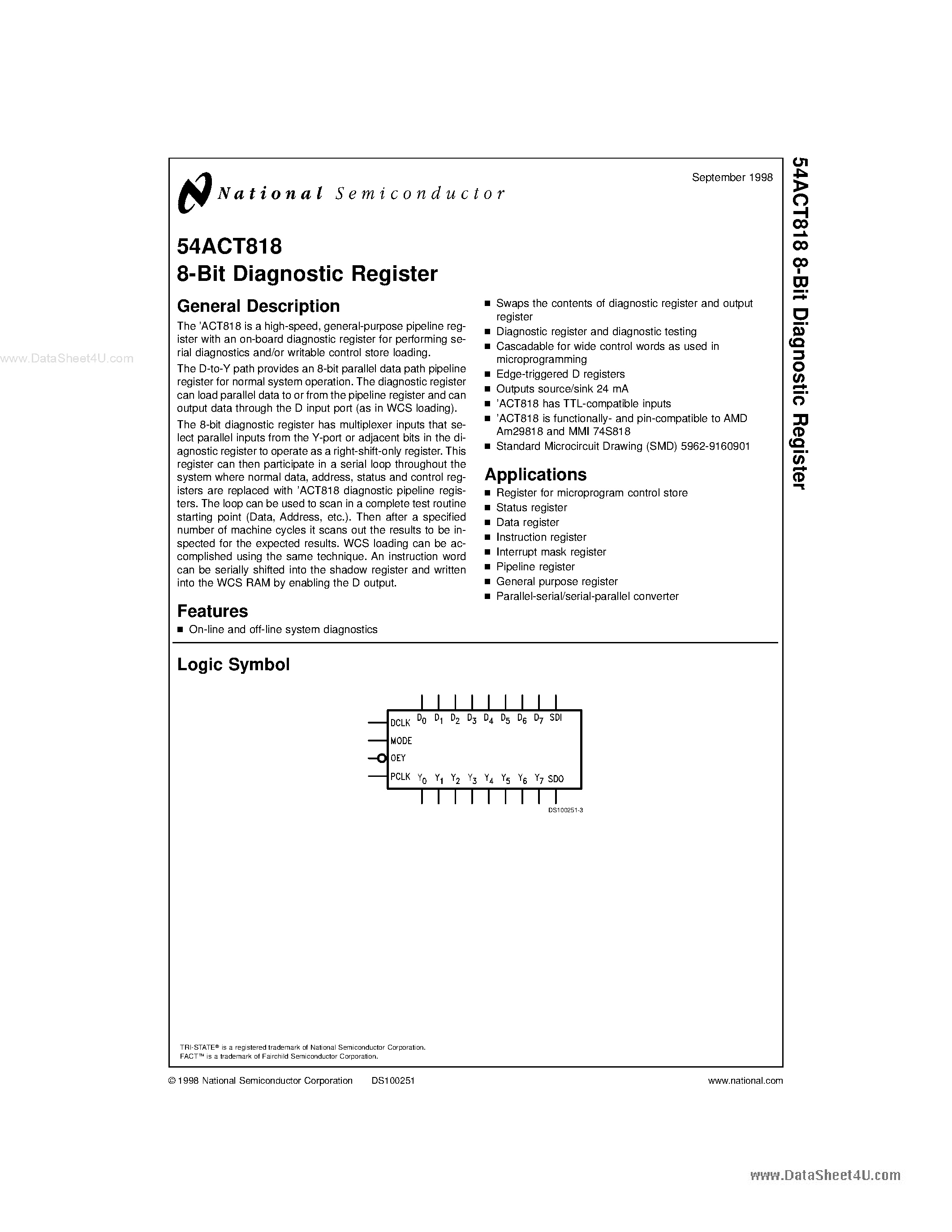 Datasheet 54ACT818 - 8-Bit Diagnostic Register page 1