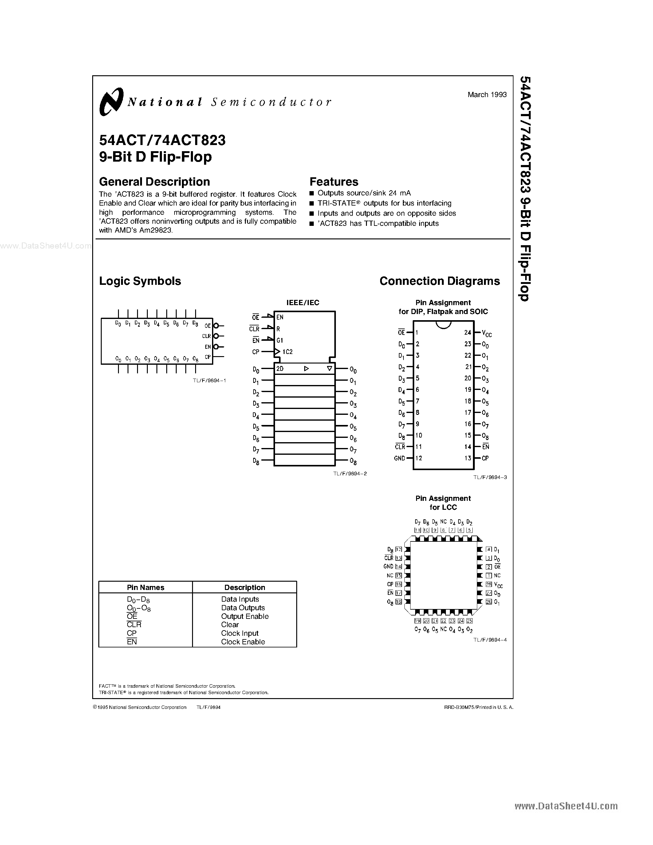 Datasheet 54ACT823 - 9-Bit D Flip-Flop page 1