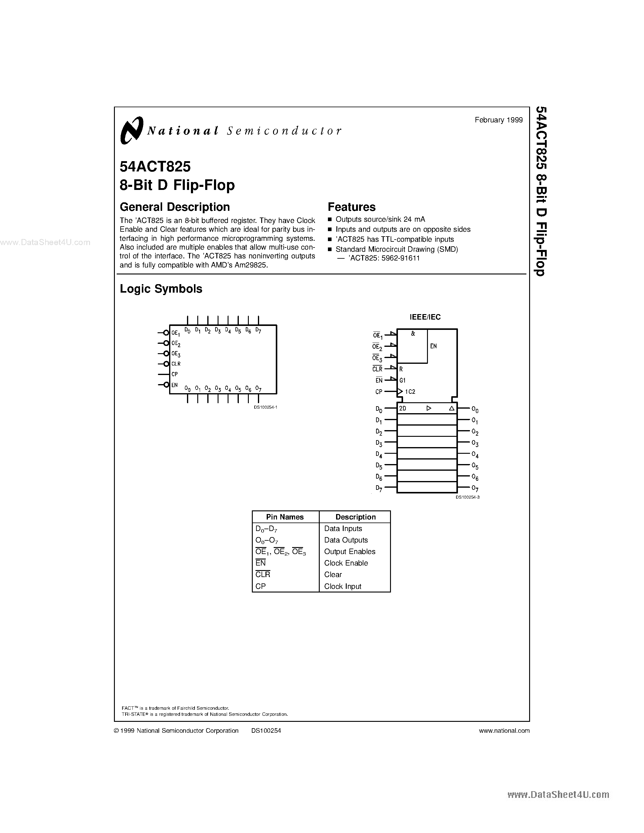 Datasheet 54ACT825 page 1 Datasheet 54ACT825 - 8-Bit D Flip-Flop page 1