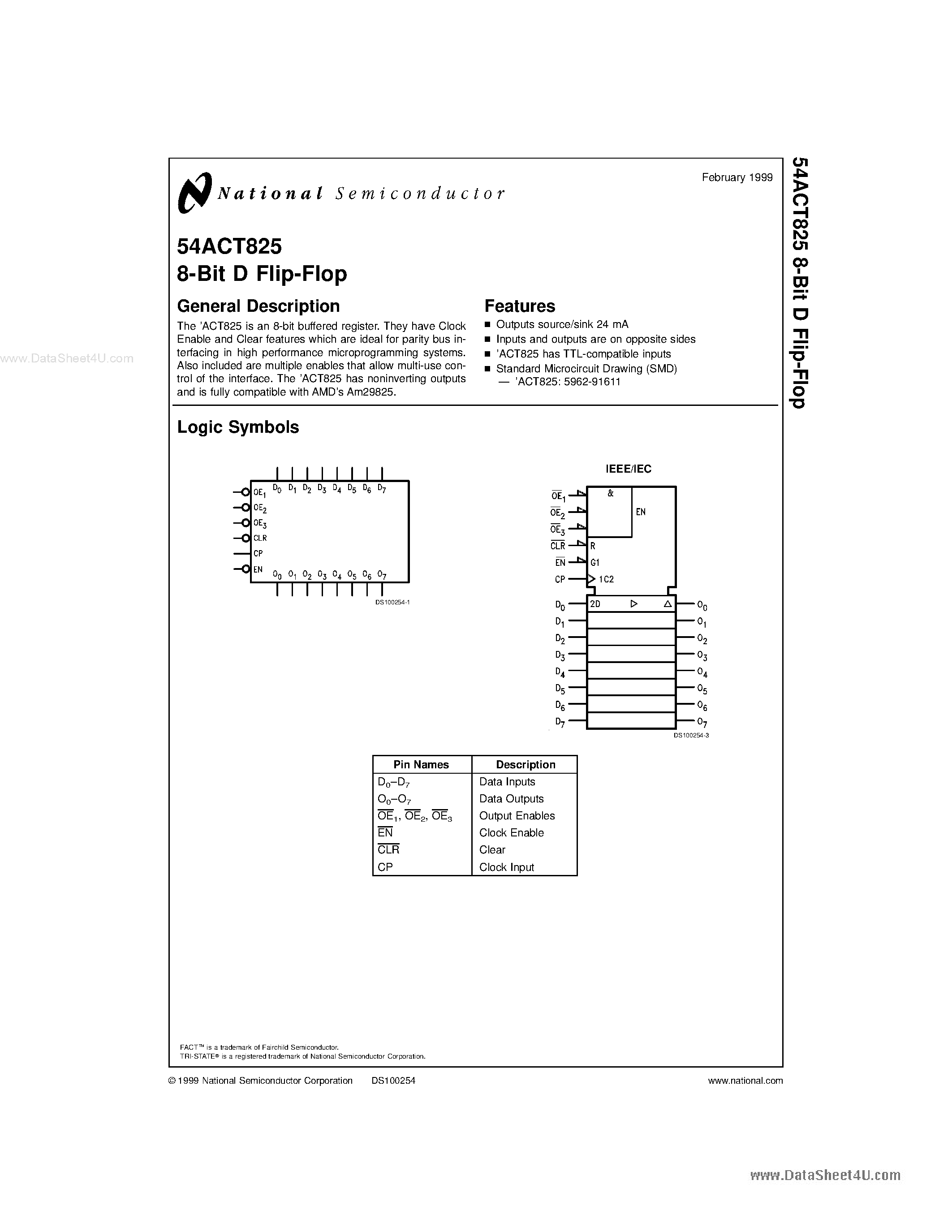 Datasheet 54ACT825 - 8-Bit D Flip-Flop page 1