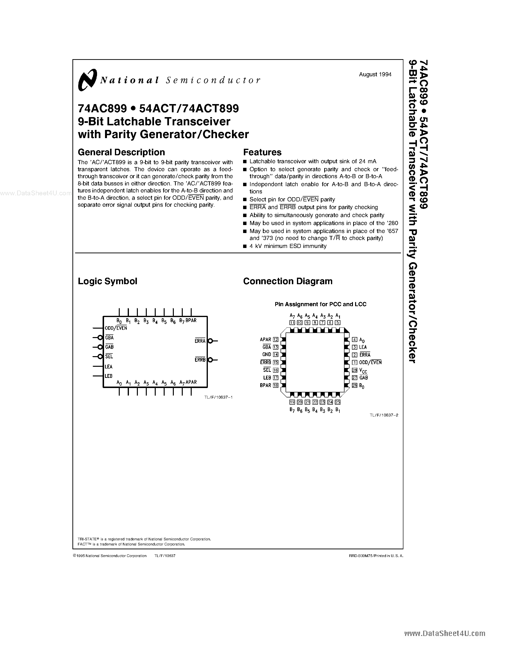 Datasheet 54ACT899 - 9-Bit Latchable Transceiver page 1