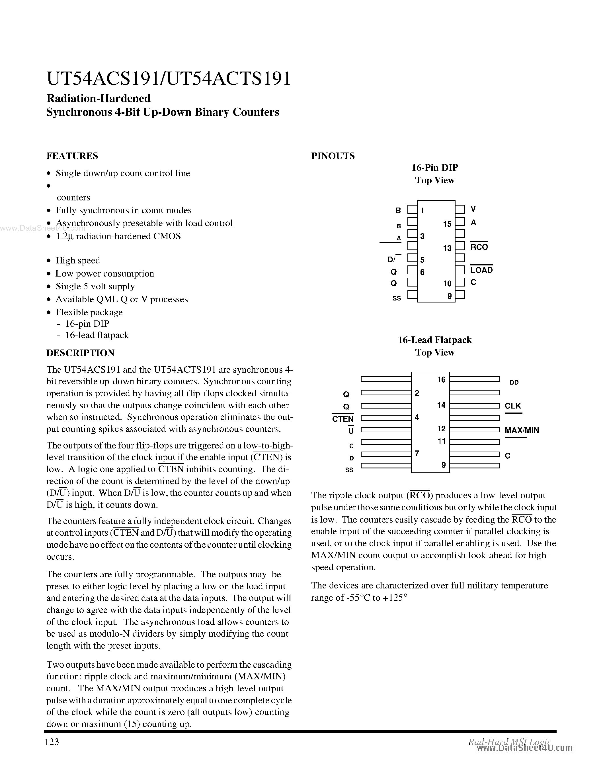 Даташит UT54ACS191 - Synchronous 4-Bit Up-Down Binary Counters страница 1