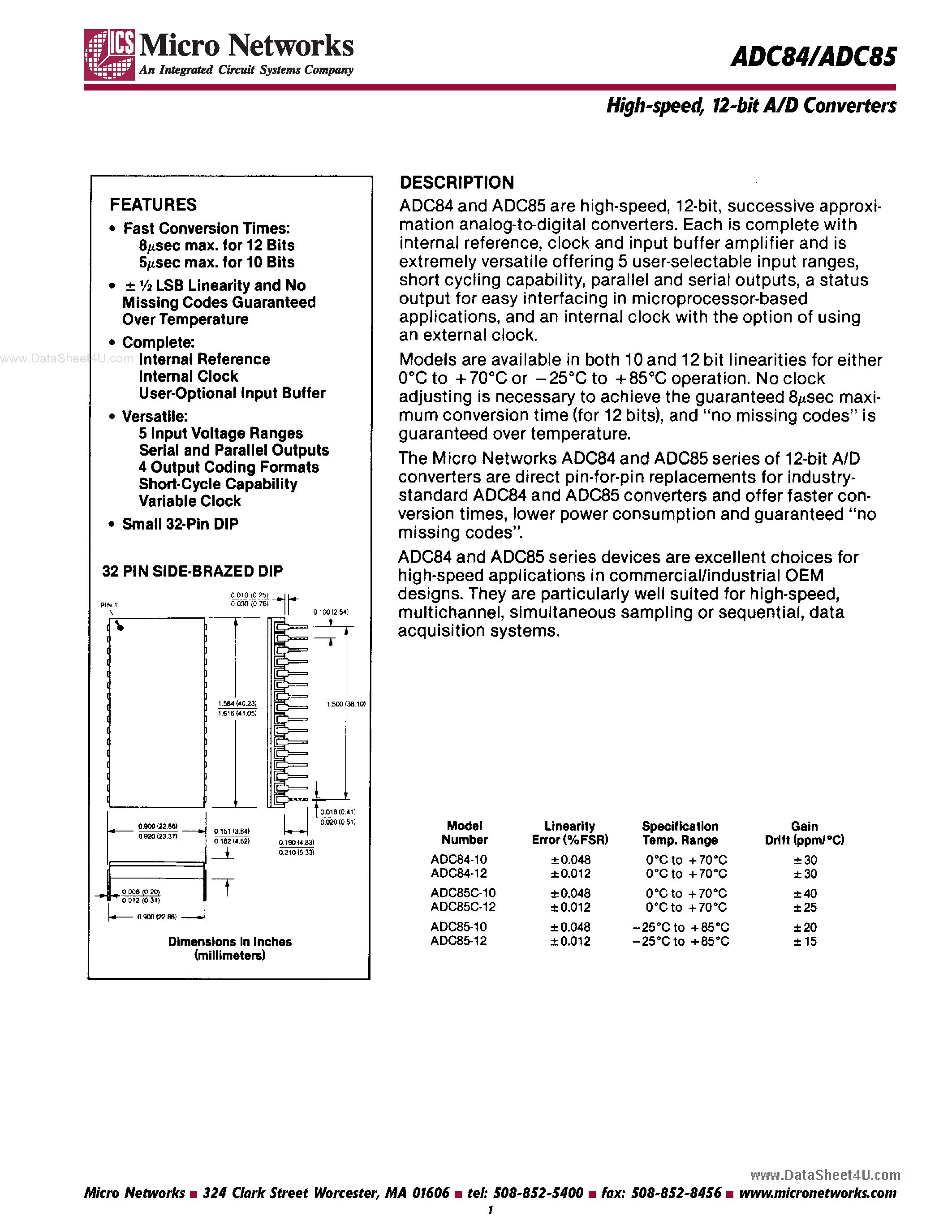 Даташит на микросхему ADC84 страница 1 Даташит ADC84 - (ADC84 / ADC85) 12-bit A/D Converters страница 1