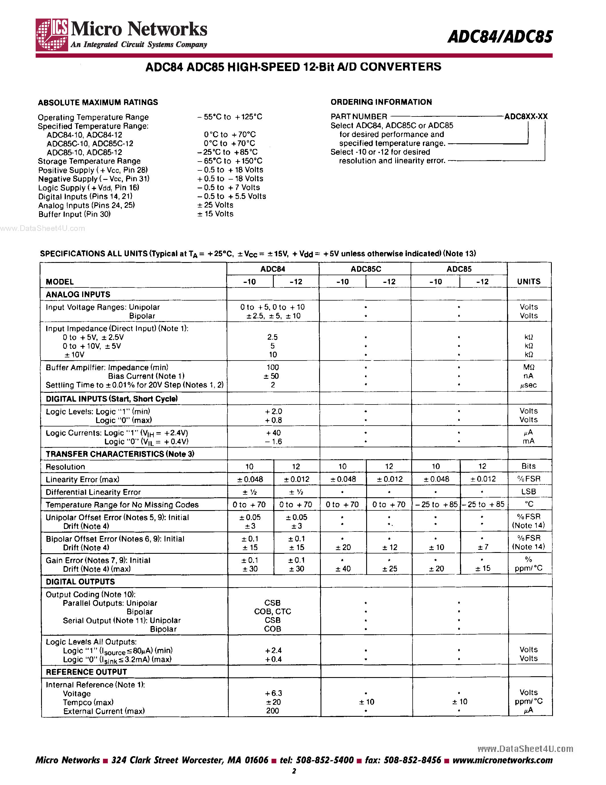 Даташит на микросхему ADC84 страница 2 Даташит ADC84 - (ADC84 / ADC85) 12-bit A/D Converters страница 2
