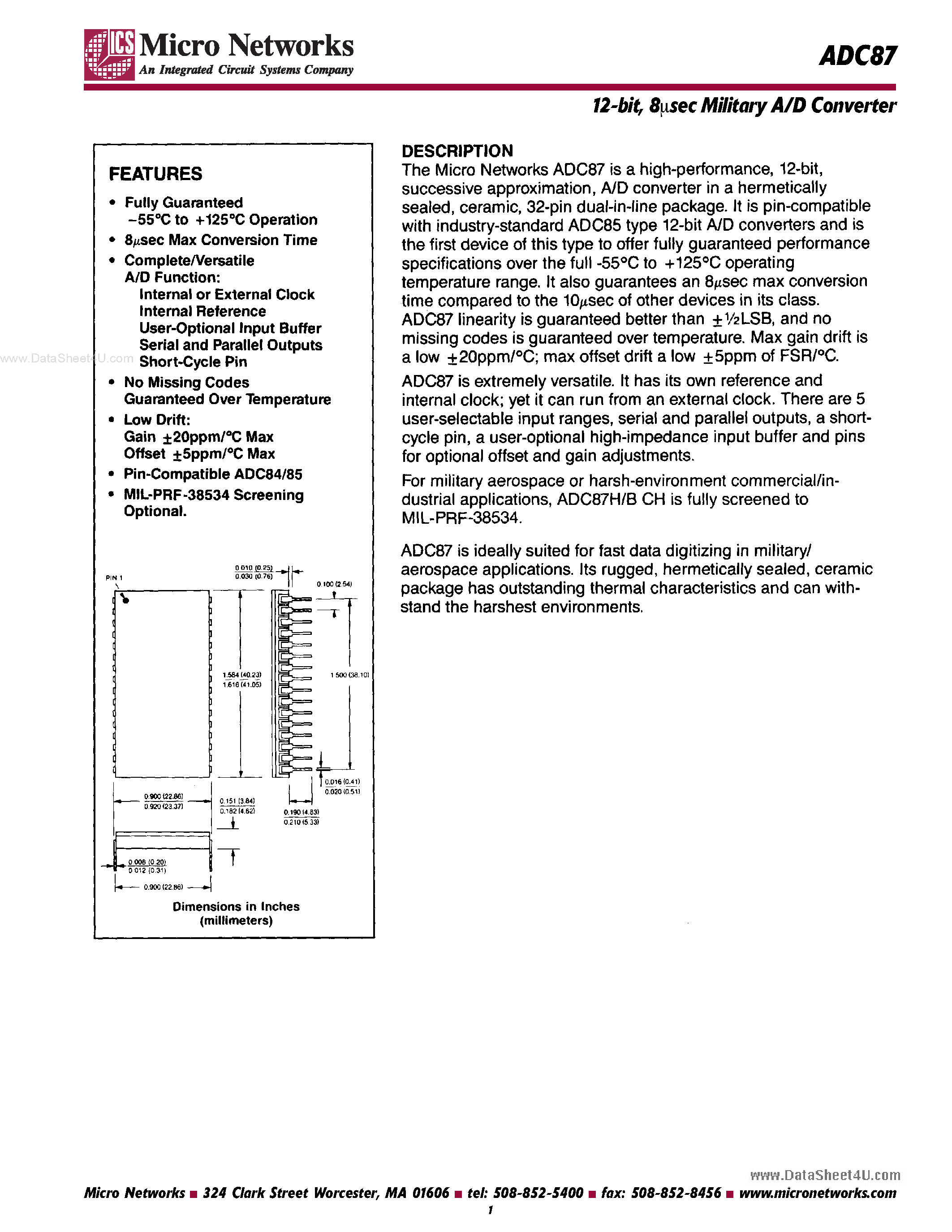 Datasheet ADC87 - 8 Usec Military A/D Converter page 1