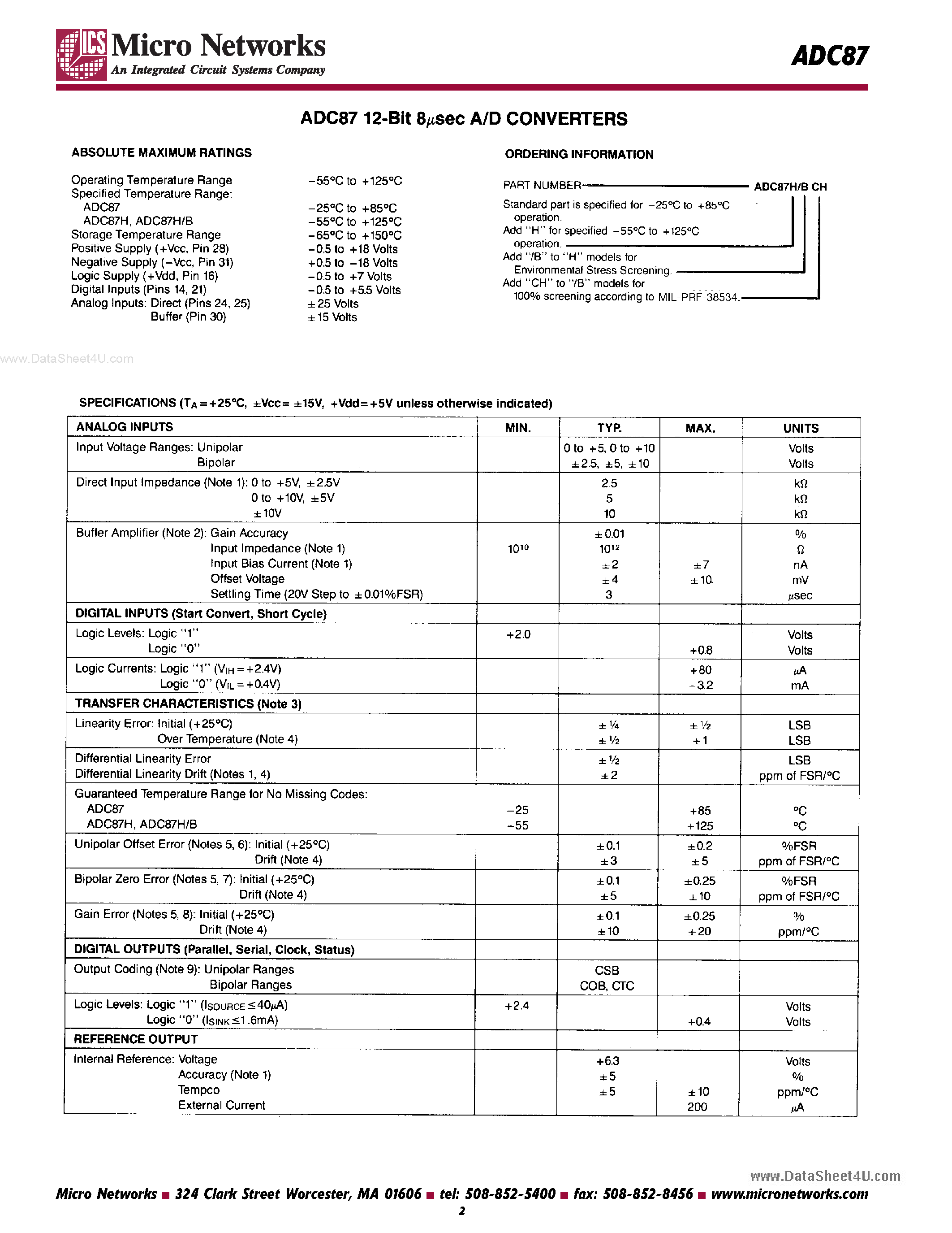 Datasheet ADC87 - 8 Usec Military A/D Converter page 2