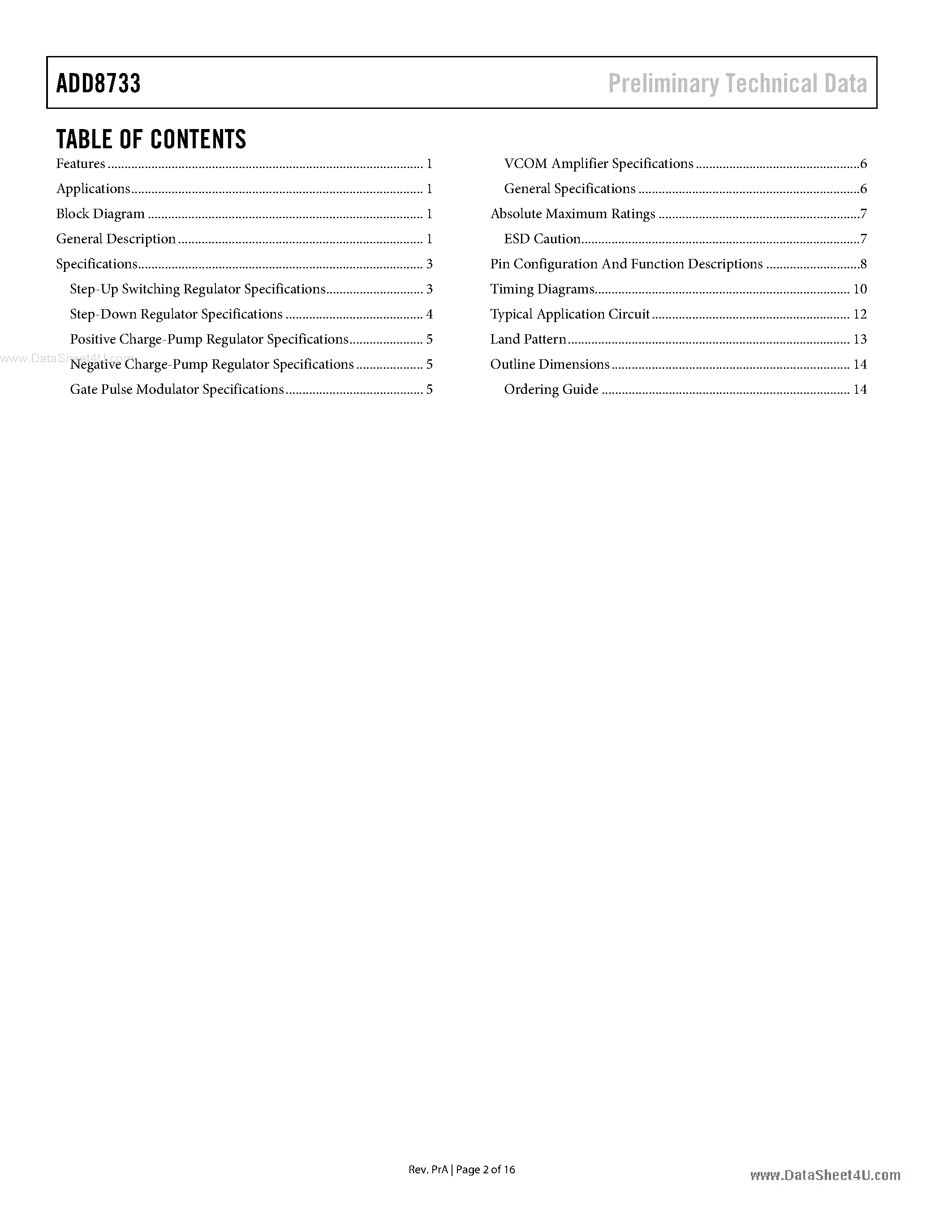 Datasheet ADD8733 page 2 Datasheet ADD8733 - Integrated TFT Panel Power Supply page 2