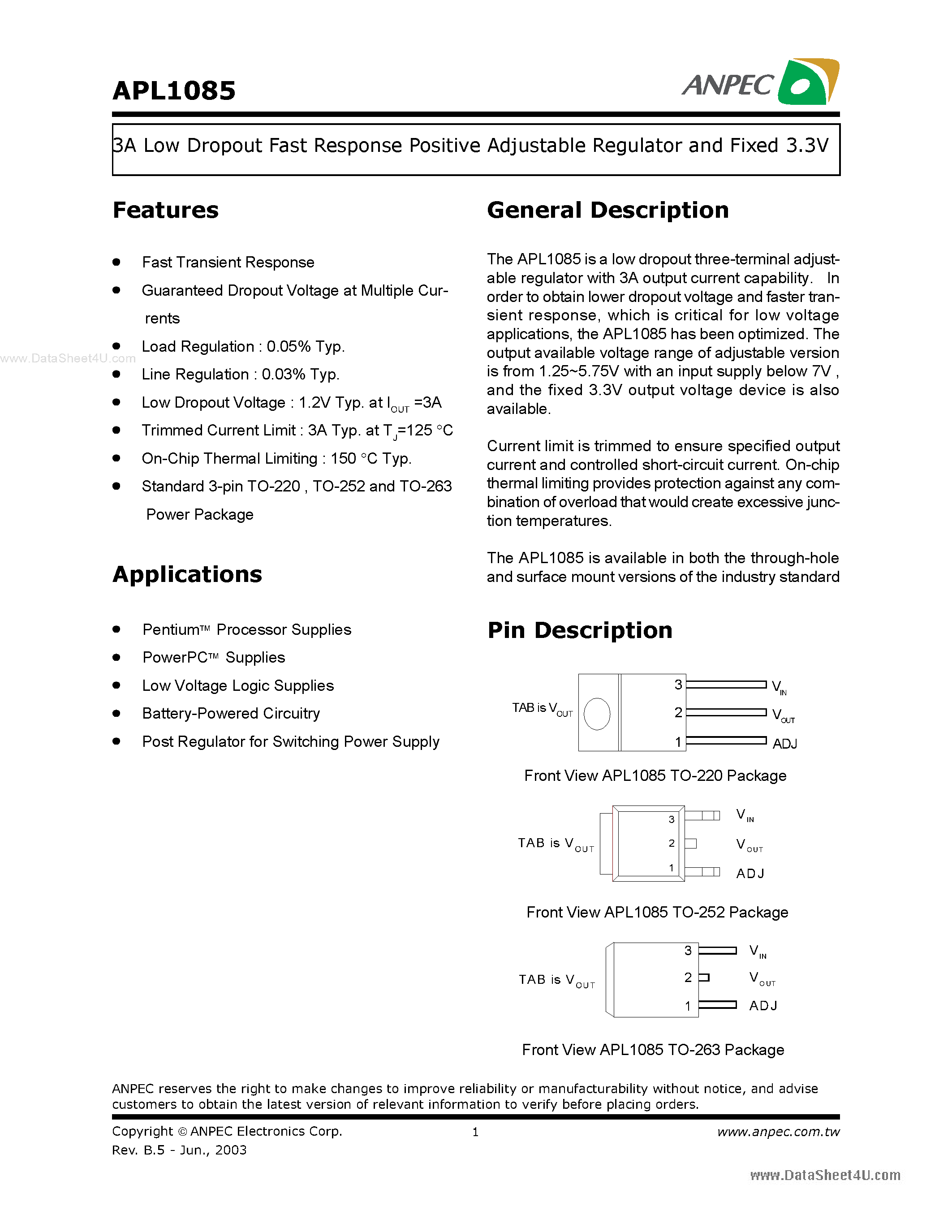 Datasheet APL1085 - 3A Low Dropout Fast Response Positive Adjustable Regulator and Fixed 3.3V page 1