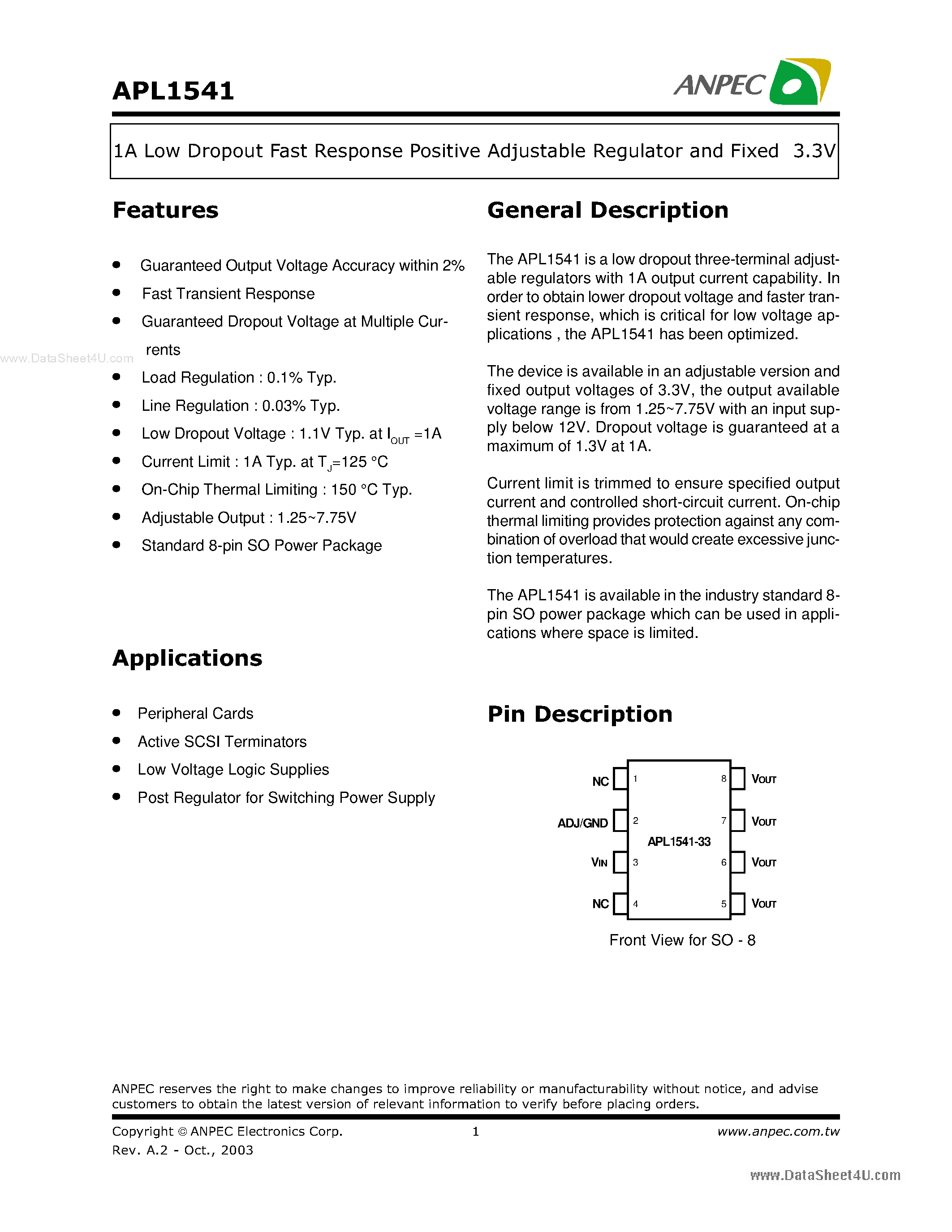 Datasheet APL1541 - 1A Low Dropout Fast Response Positive Adjustable Regulator and Fixed 3.3V page 1