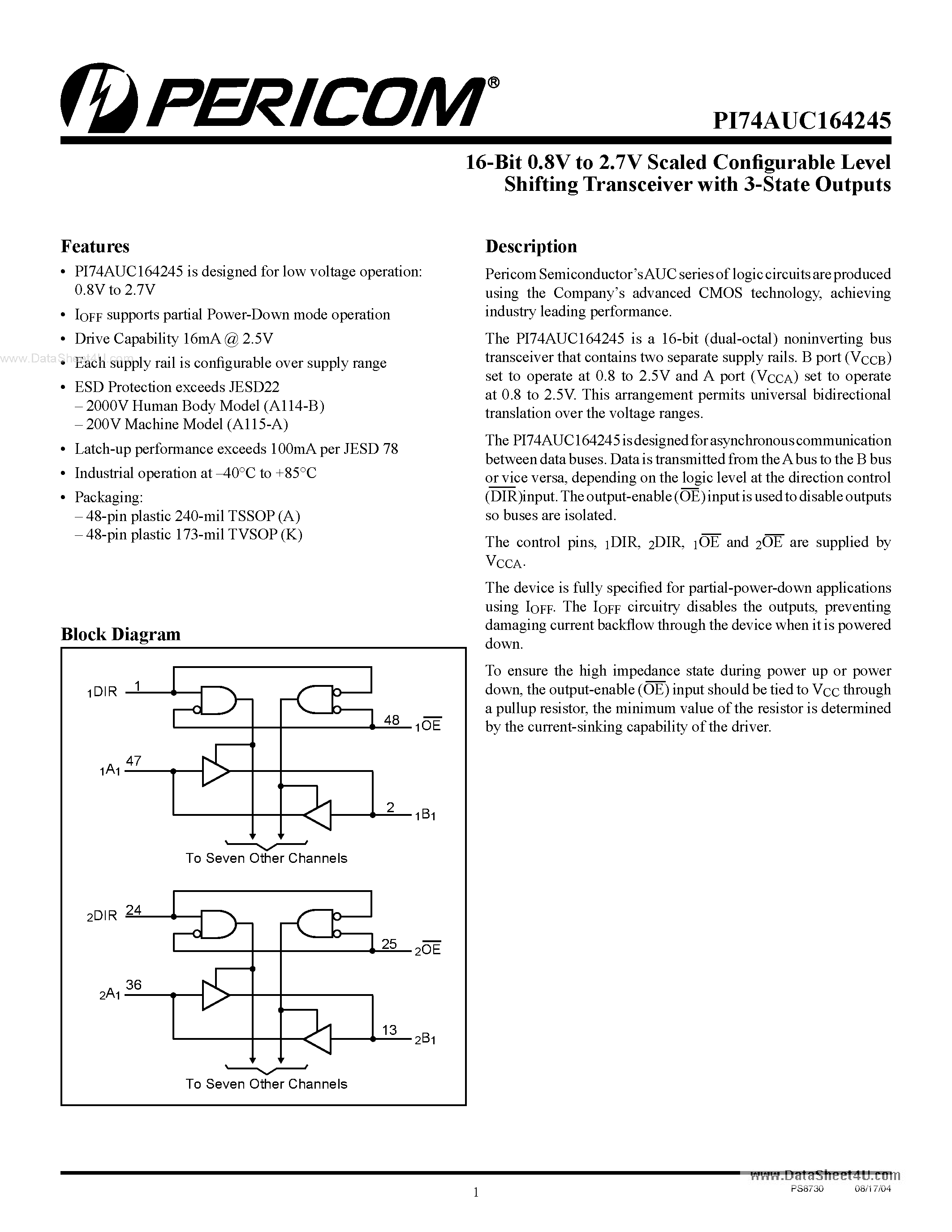 Datasheet PI74AUC164245 - 16-Bit 0.8V to 2.7V Scaled Configurable Level Shifting Transceiver page 1