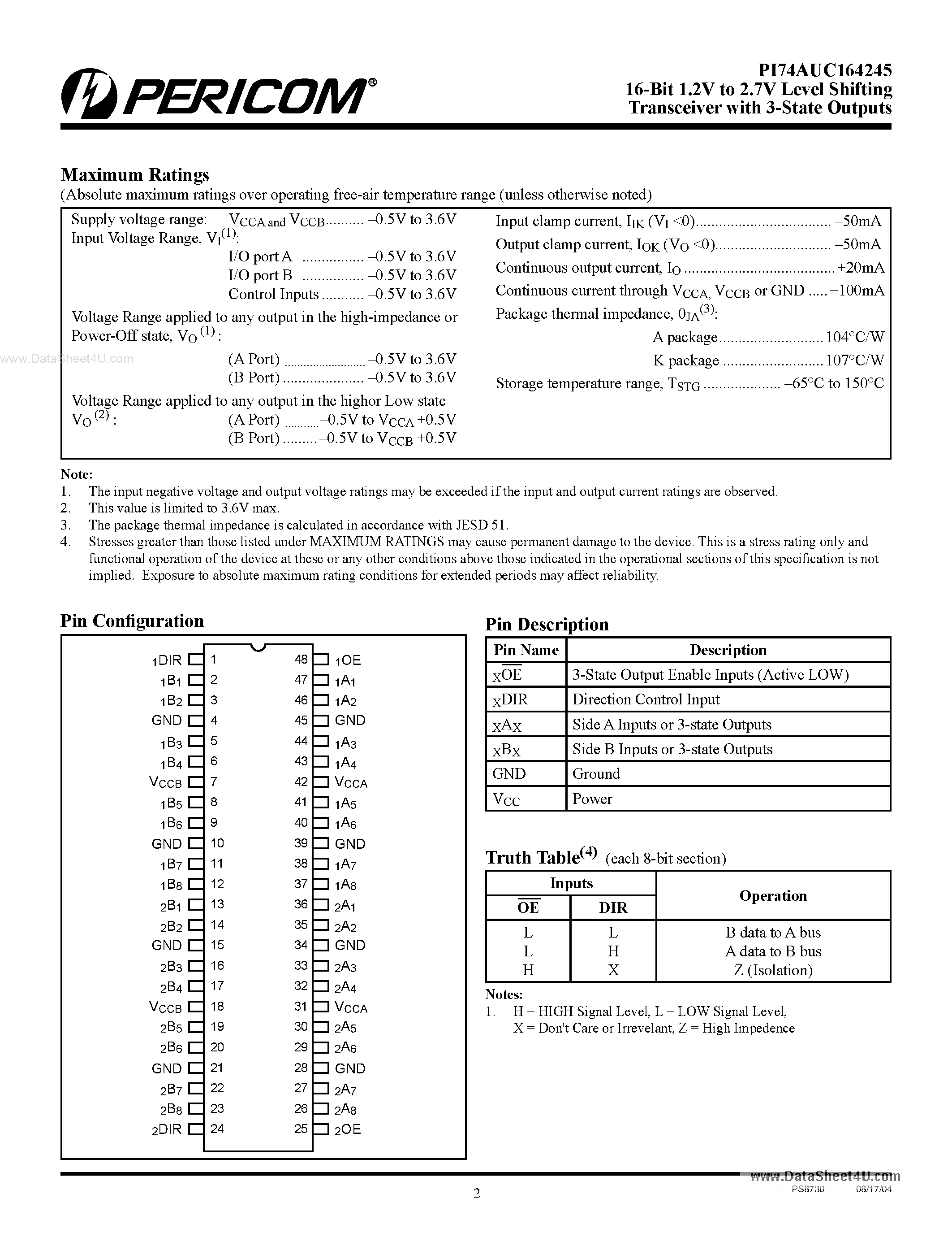 Datasheet PI74AUC164245 - 16-Bit 0.8V to 2.7V Scaled Configurable Level Shifting Transceiver page 2