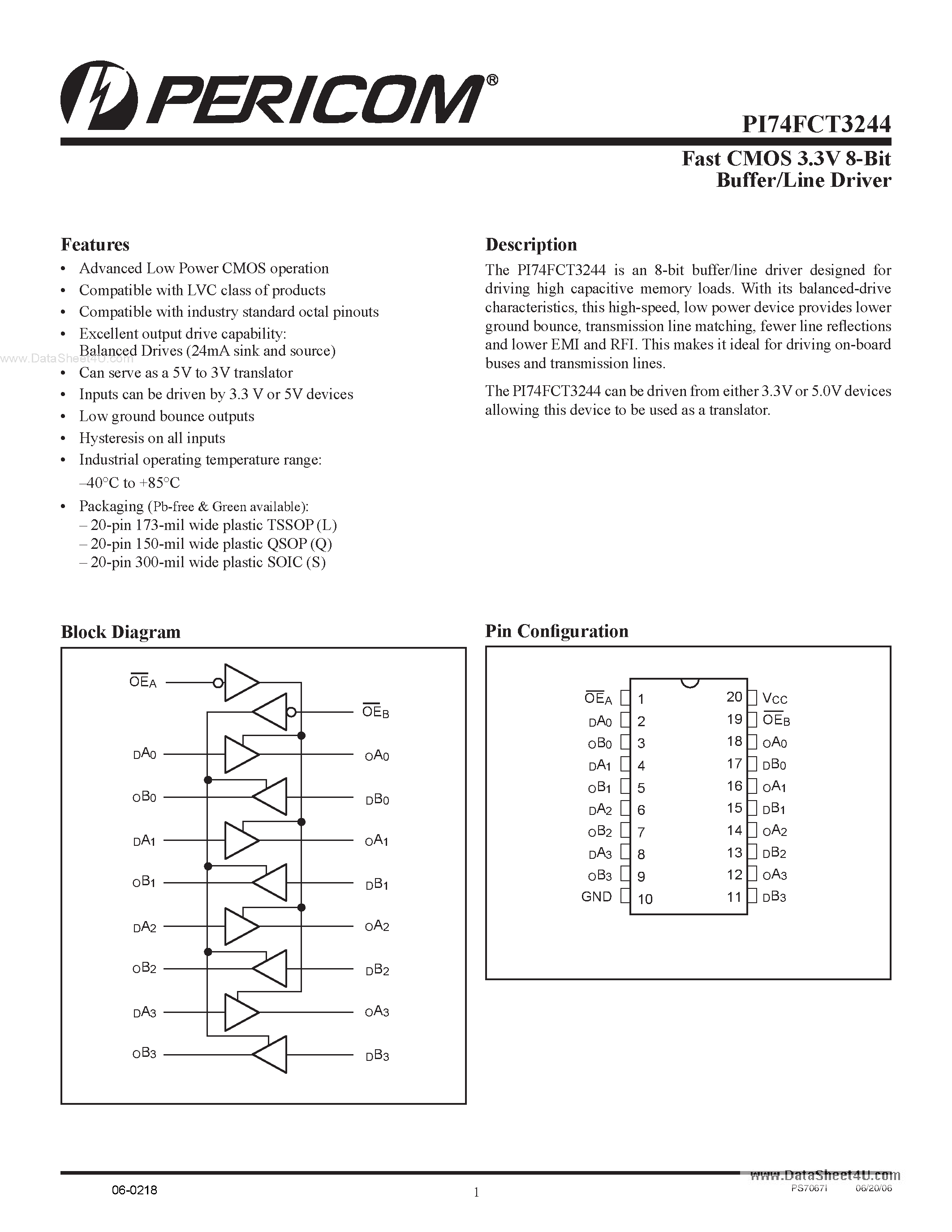 Datasheet PI74FCT3244 - Fast CMOS 3.3V 8-Bit Buffer/Line Driver page 1