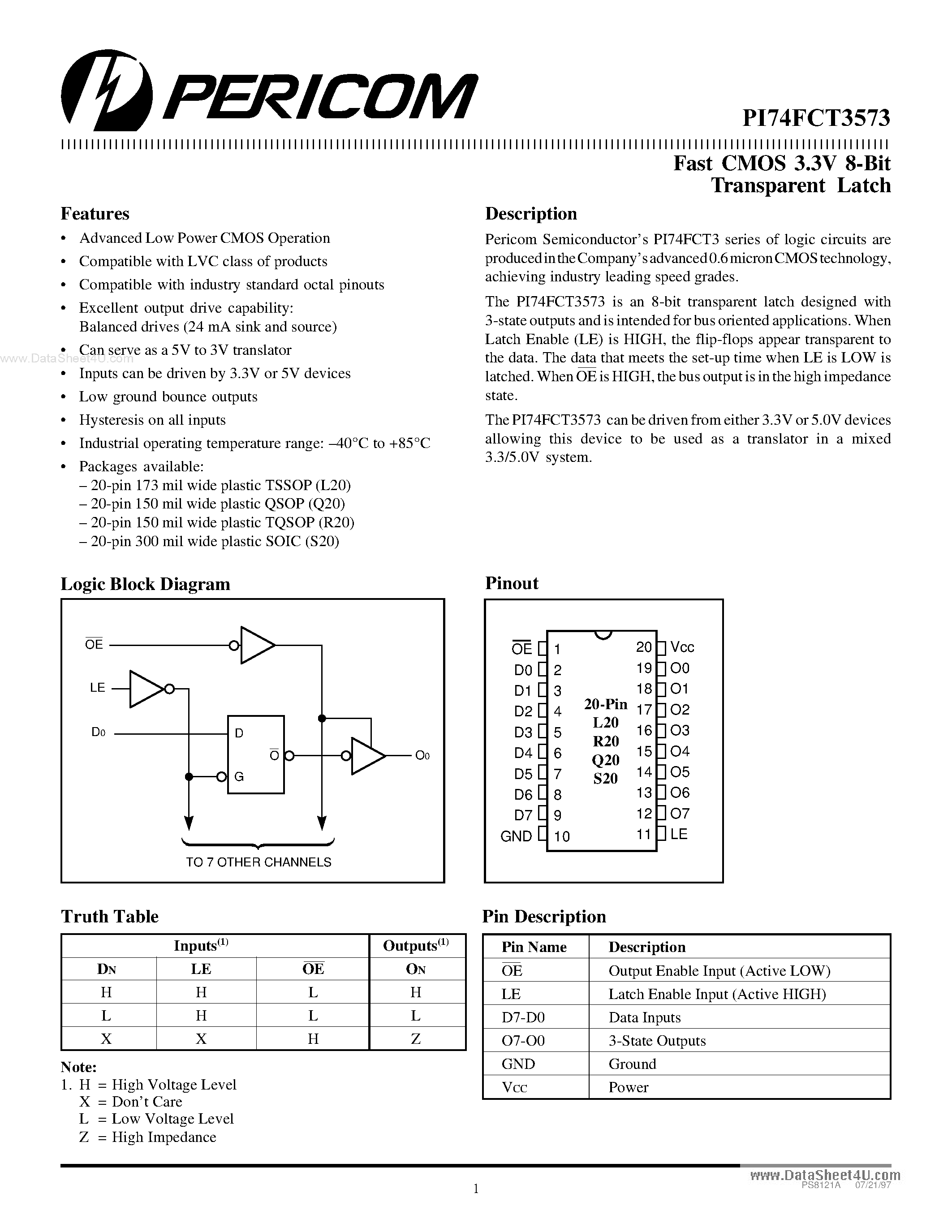 Datasheet PI74FCT3573 - Fast CMOS 3.3V 8-Bit Transparent Latch page 1