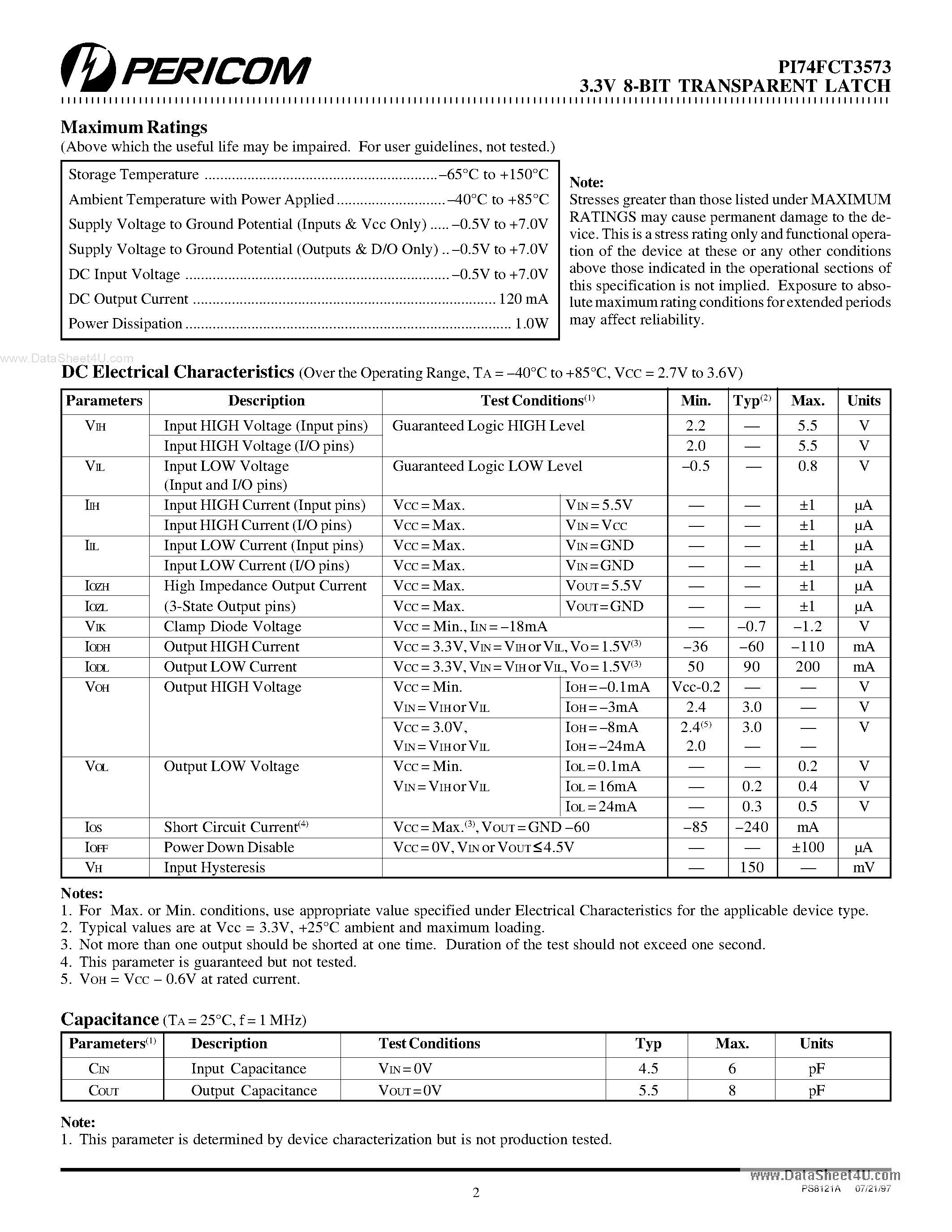 Datasheet PI74FCT3573 - Fast CMOS 3.3V 8-Bit Transparent Latch page 2