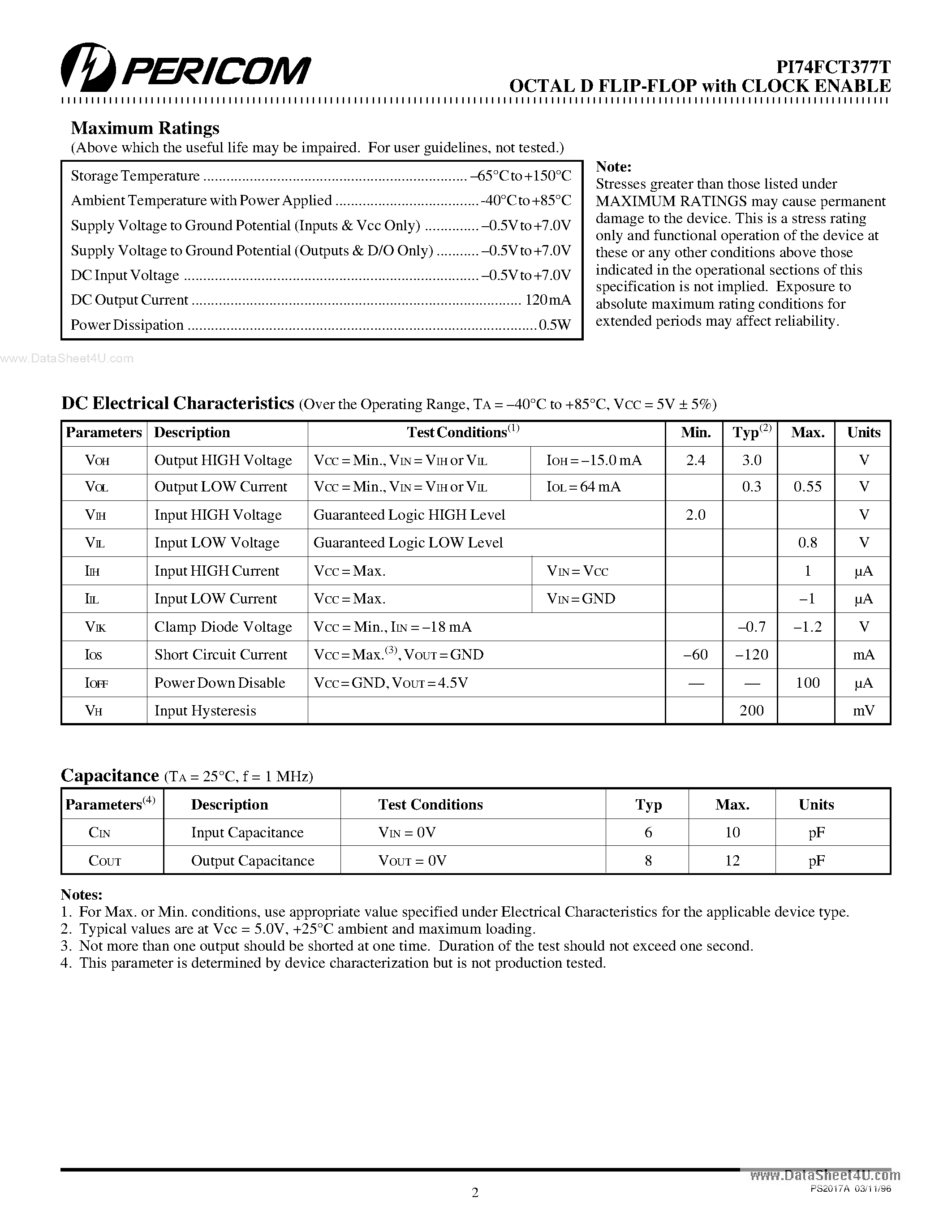 Даташит PI74FCT377T - FAST CMOS OCTAL D FLIP-FLOP страница 2