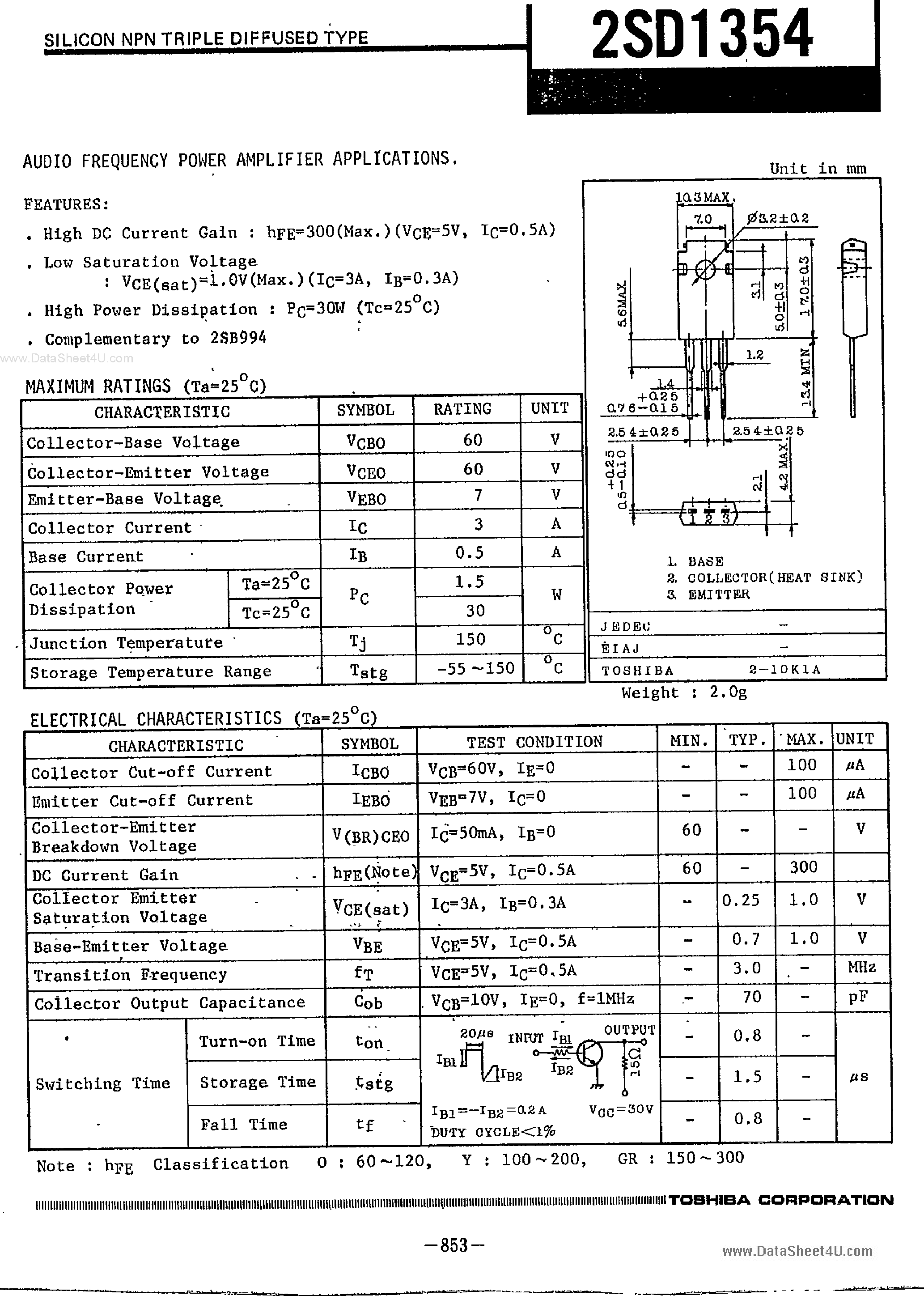 Datasheet 2SD1354 page 1 Datasheet 2SD1354 - Silicon NPN Triple Diffused Planar Type page 1
