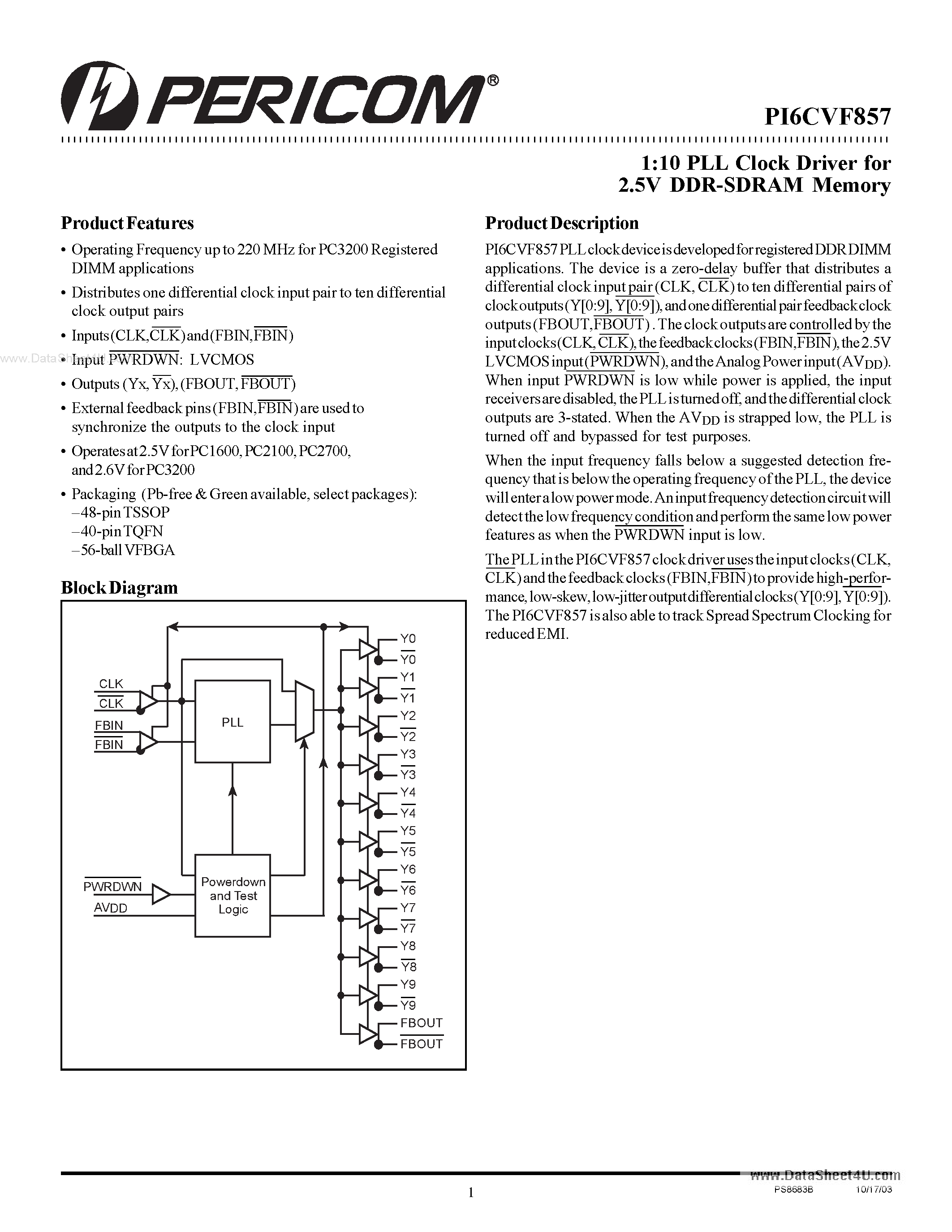 Datasheet PI6CVF857 - 1:10 PLL Clock Driver page 1