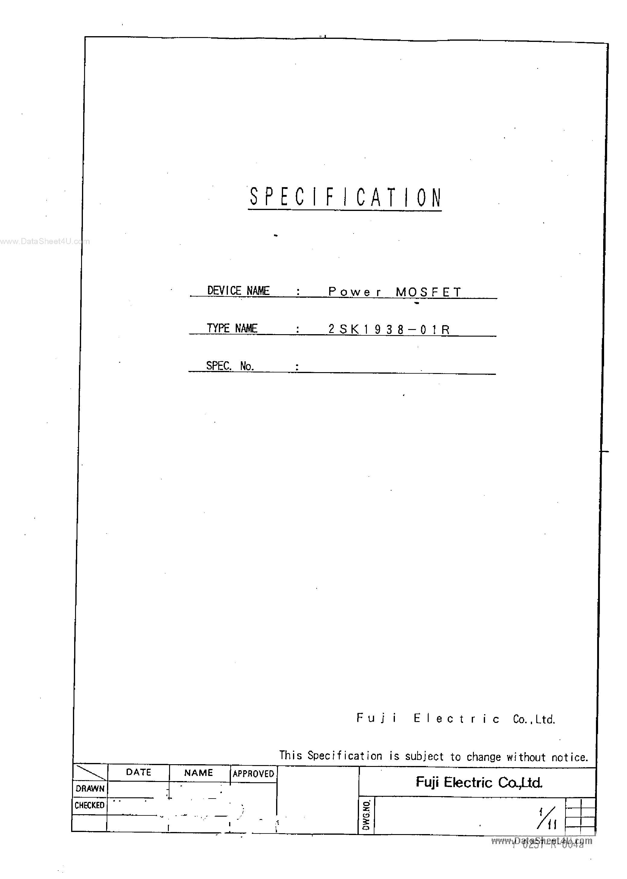 Даташит 2SK1928-01R - Power MOSFET страница 1
