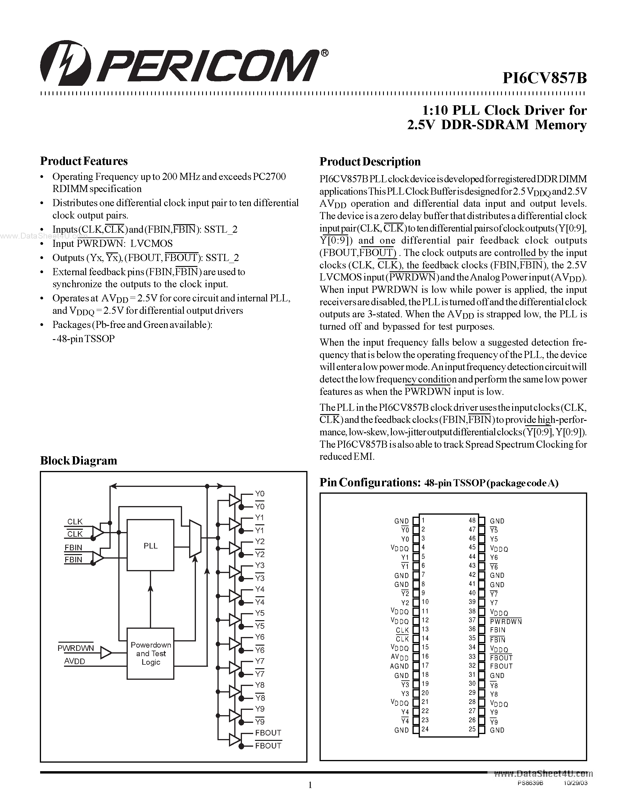 Datasheet PI6CV857B - 1:10 PLL Clock Driver page 1
