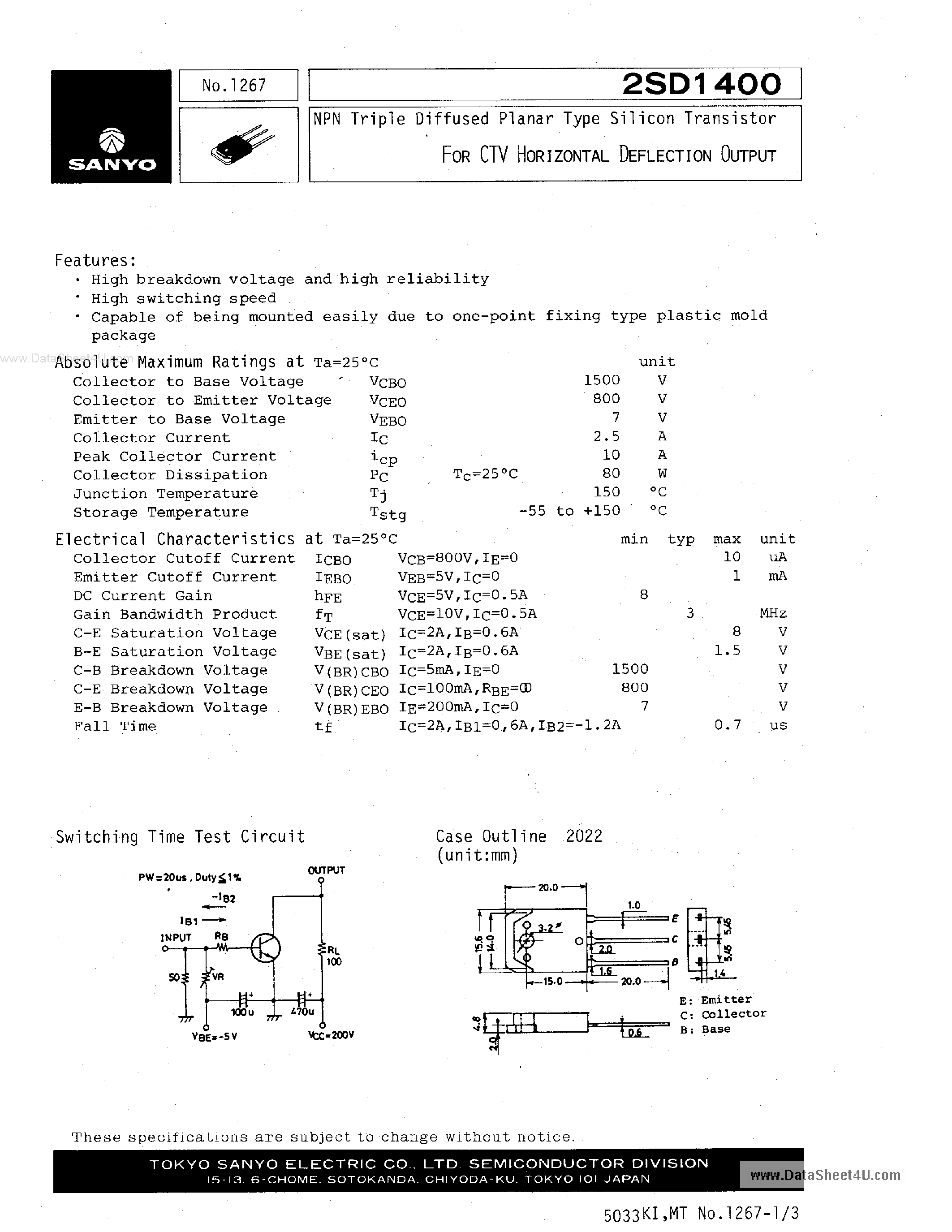 Datasheet 2SD1400 page 1 Datasheet 2SD1400 - NPN TRIPLE DIFFUSED PLANAR TYPE SILICON TRANSISTOR page 1